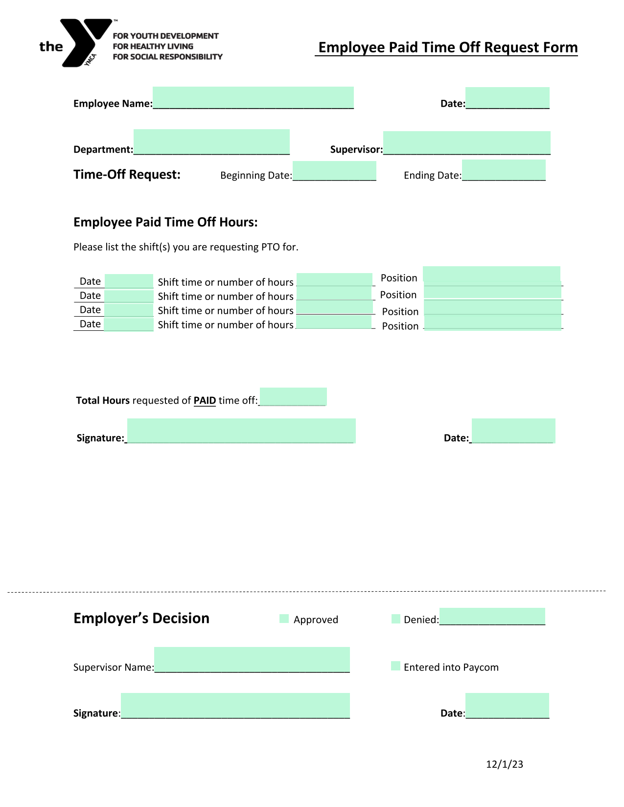 Employee Paid Time Off Request Form screenshot