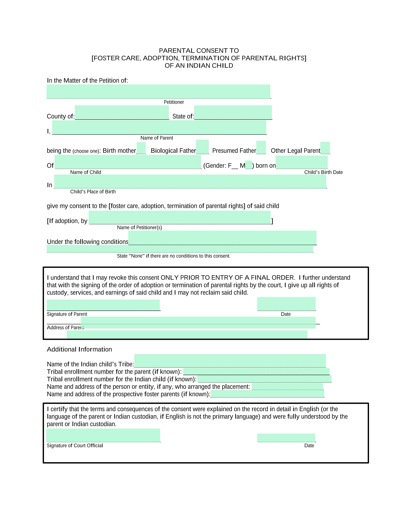 Parental Consent To Foster Care, Adoption, Termination Of Parental Rights Of An Indian Child screenshot