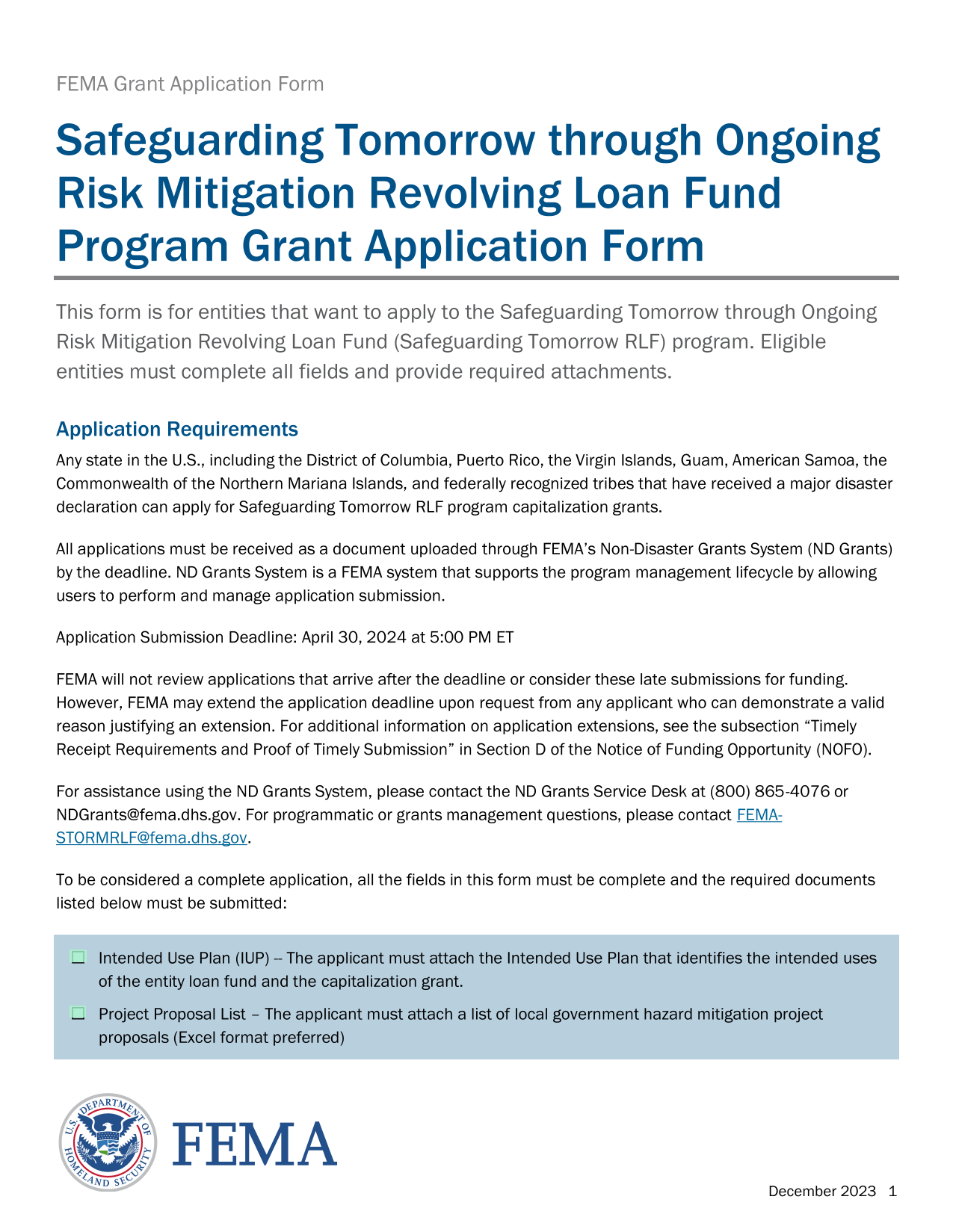 FEMA Grant Application Form Safeguarding Tomorrow Through Ongoing Risk Mitigation Revolving Loan Fun screenshot