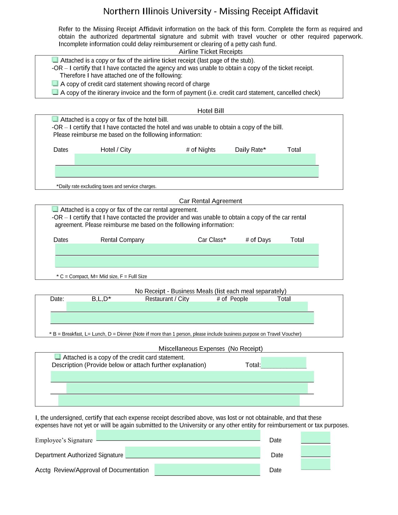 Missing Receipt Affidavit screenshot