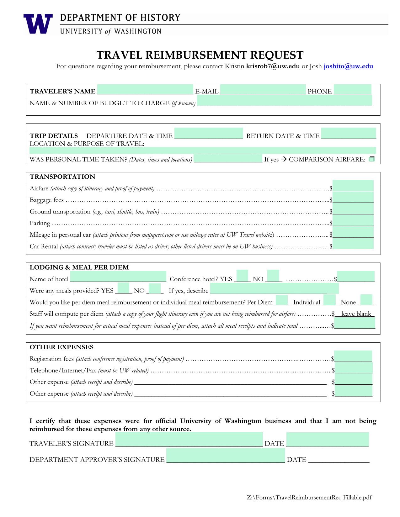 Travel Reimbursement Request screenshot