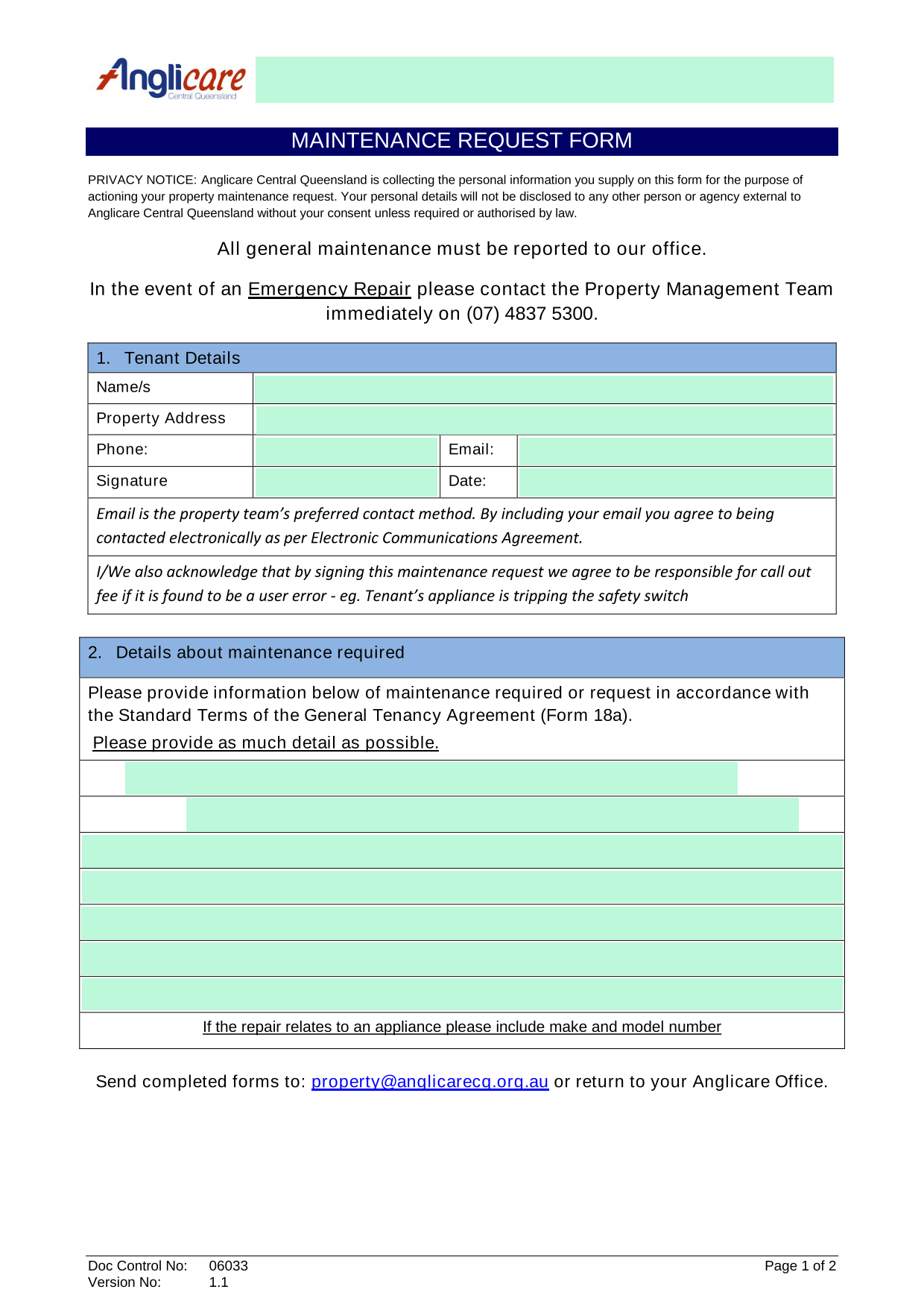 MAINTENANCE REQUEST FORM screenshot