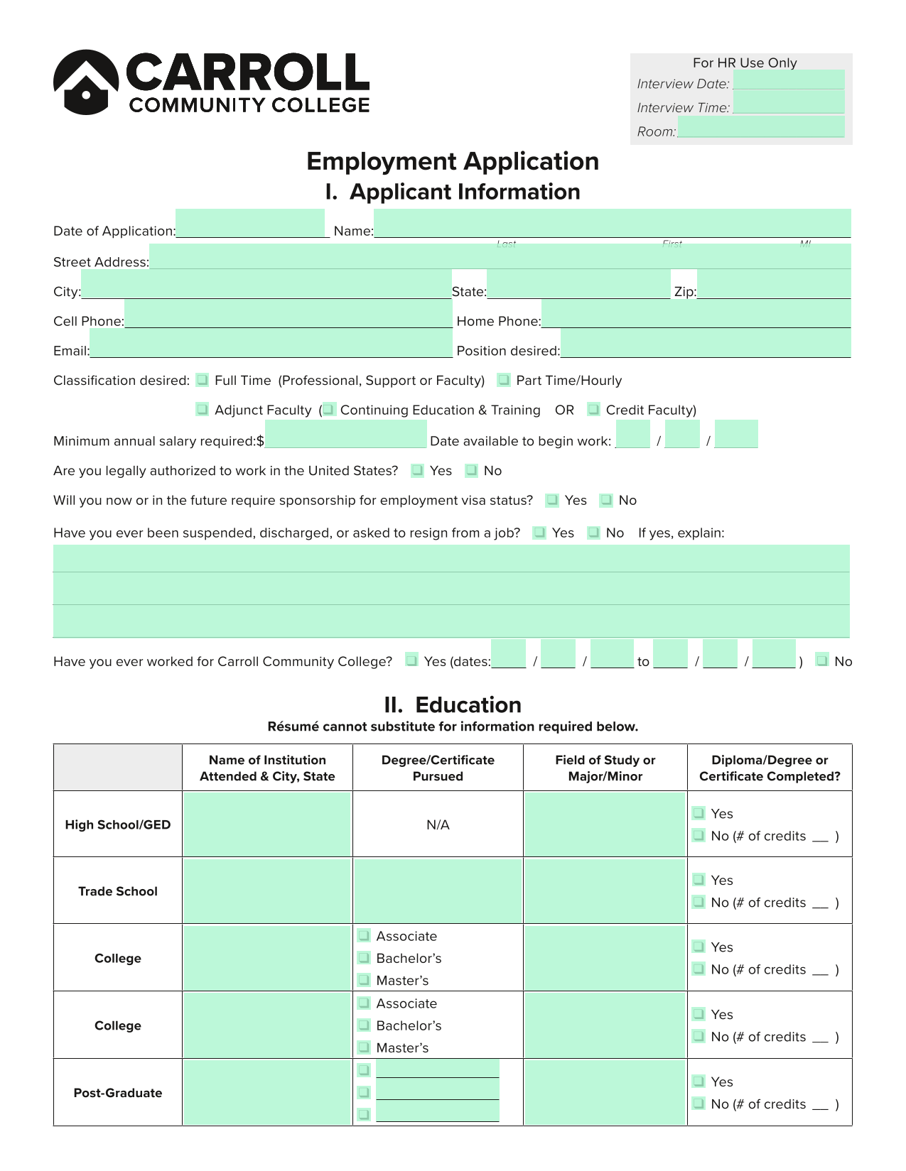 Employment Application screenshot