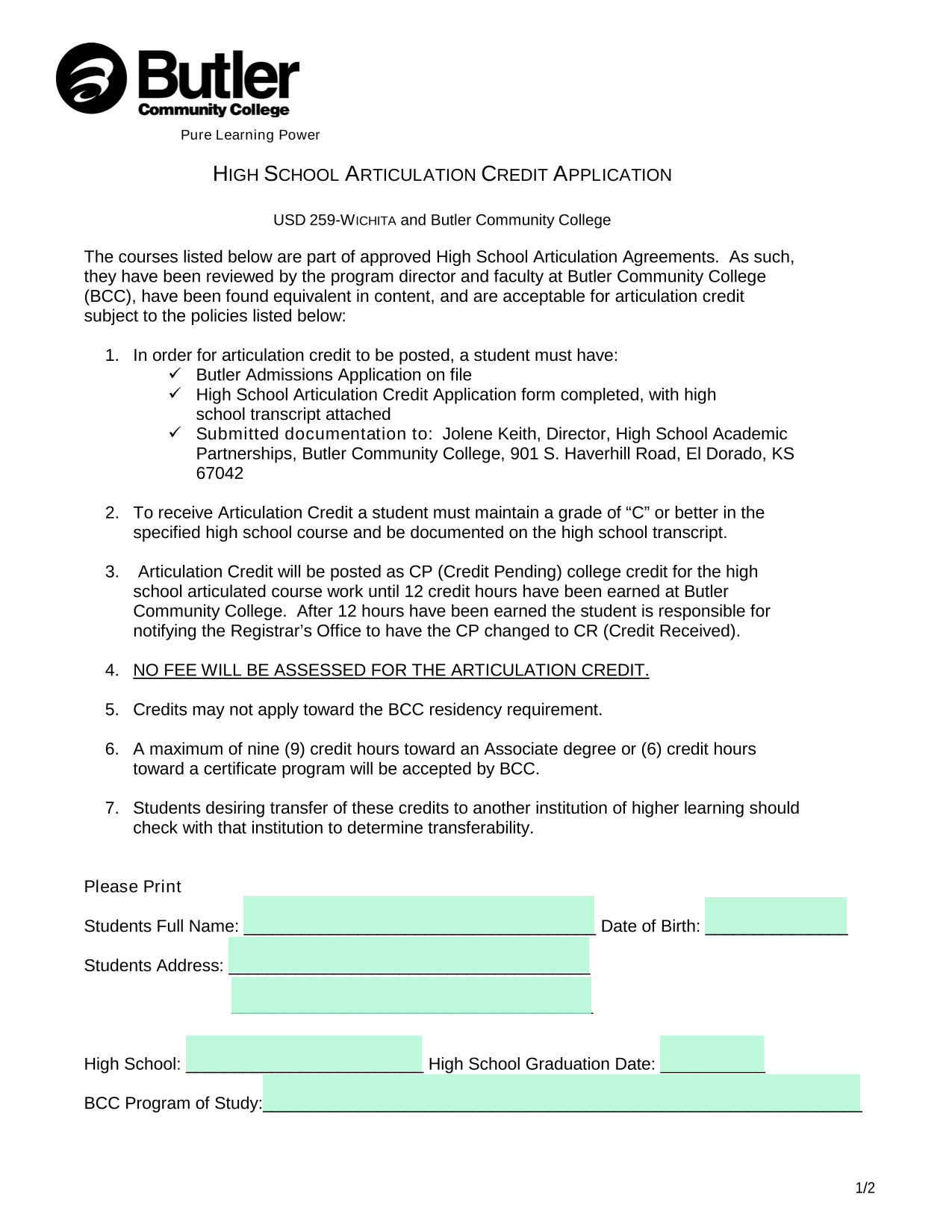 HIGH SCHOOL ARTICULATION CREDIT APPLICATION screenshot