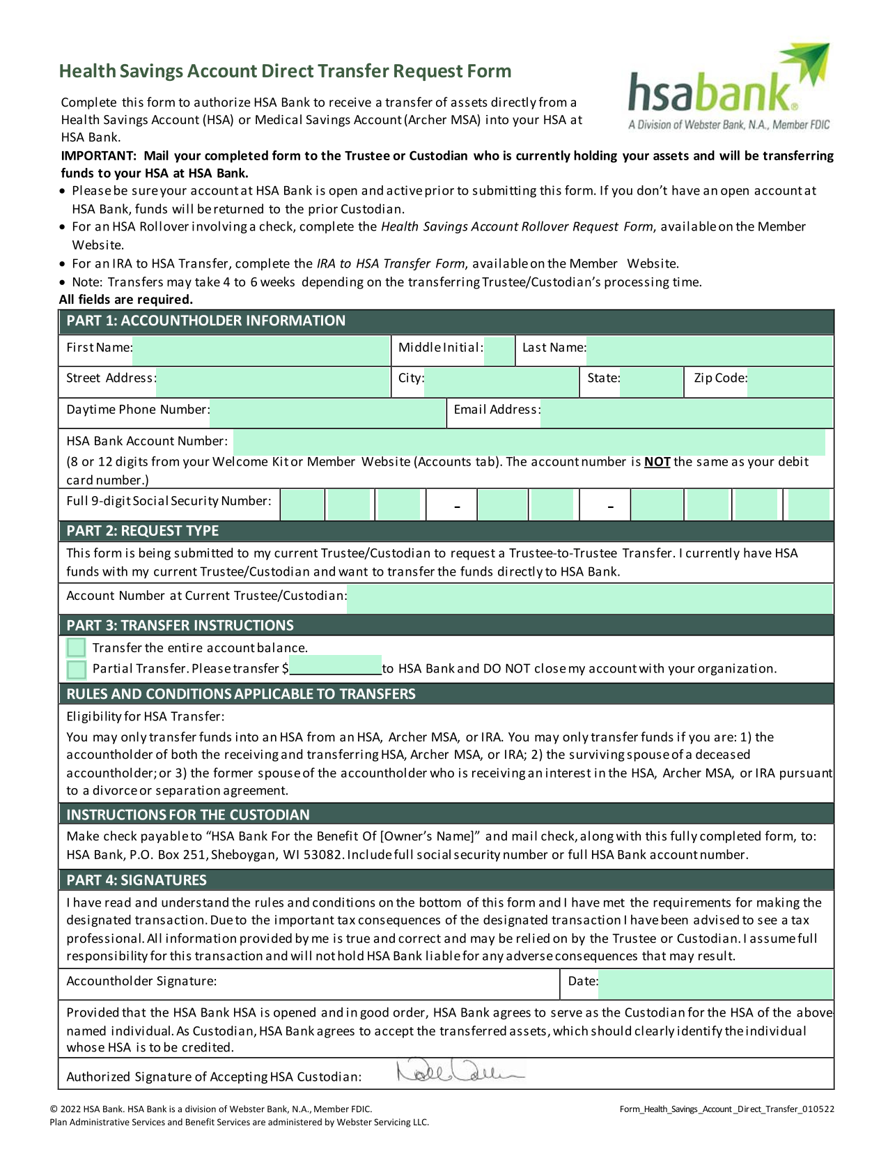 Health Savings Account Direct Transfer Request Form screenshot