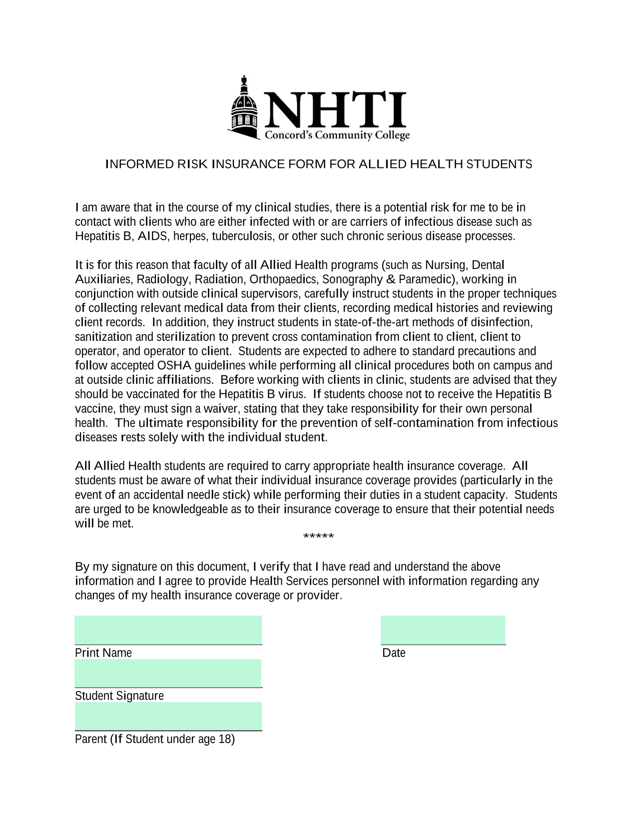 Informed Risk Insurance Form For Allied Health Students screenshot