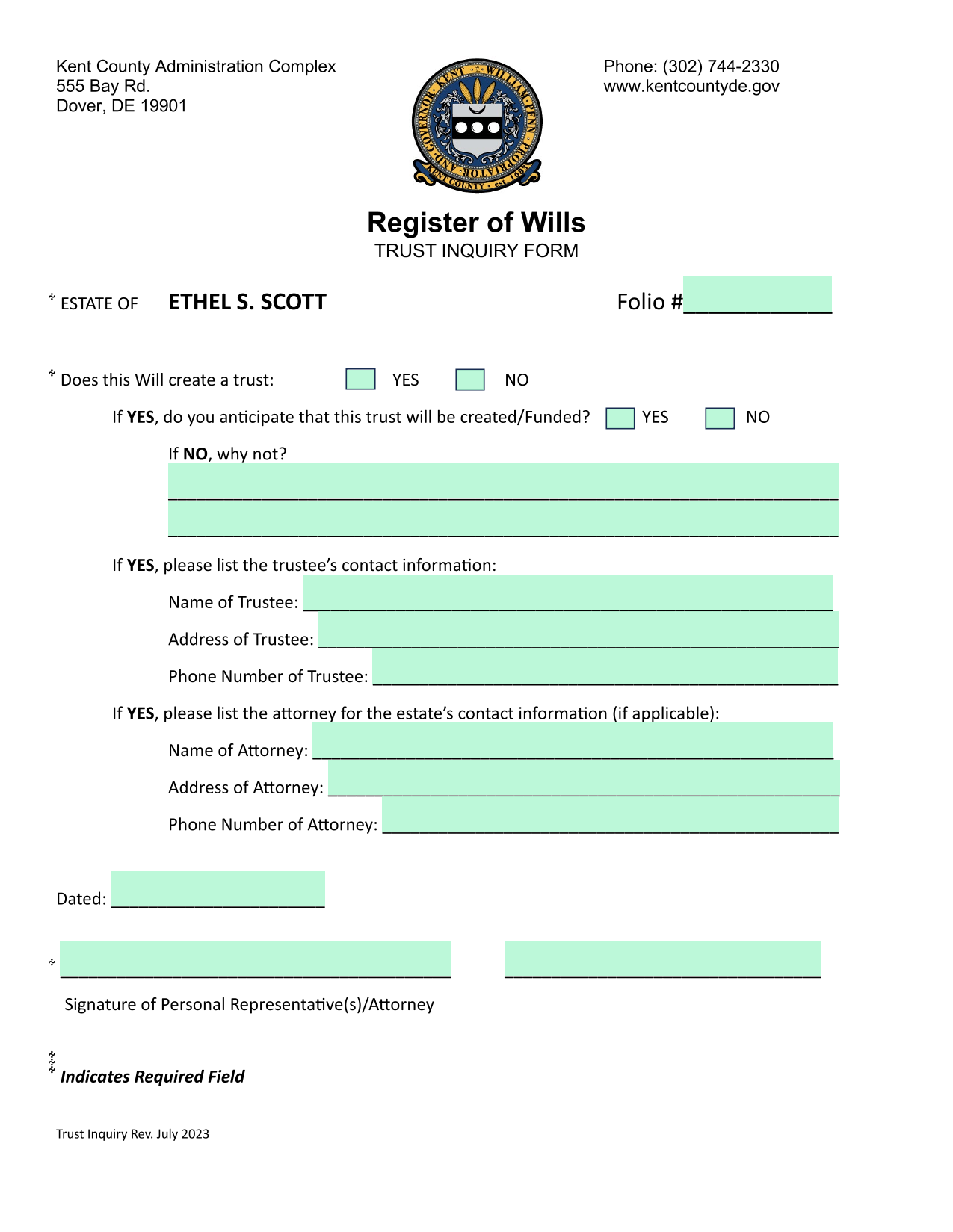 TRUST INQUIRY FORM screenshot