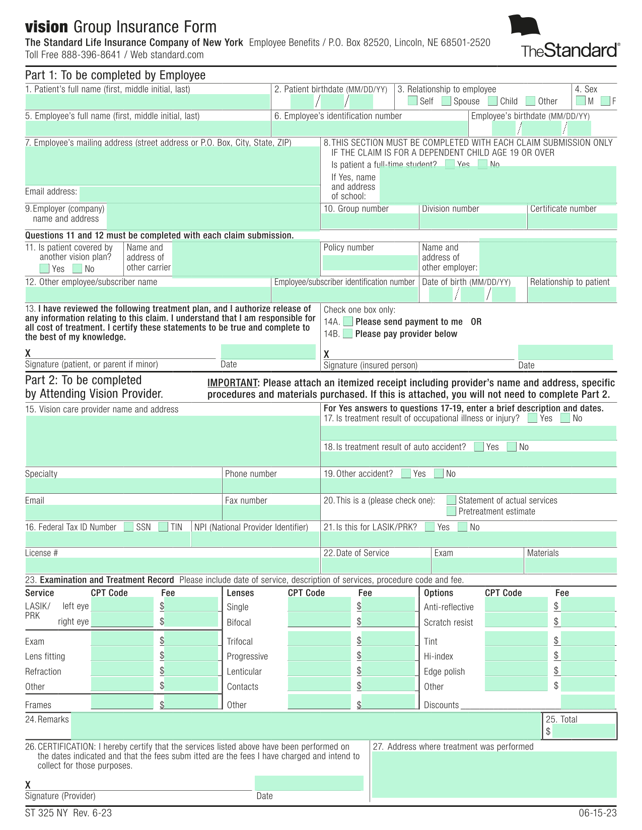 Vision Group Insurance Form screenshot