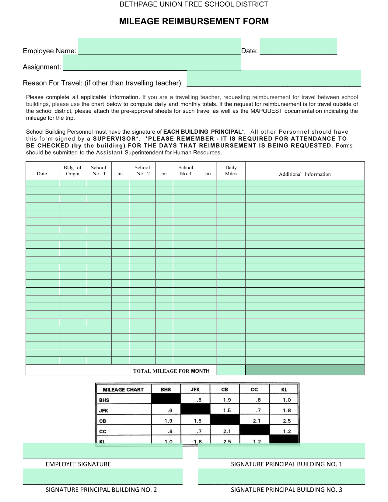 MILEAGE REIMBURSEMENT FORM screenshot