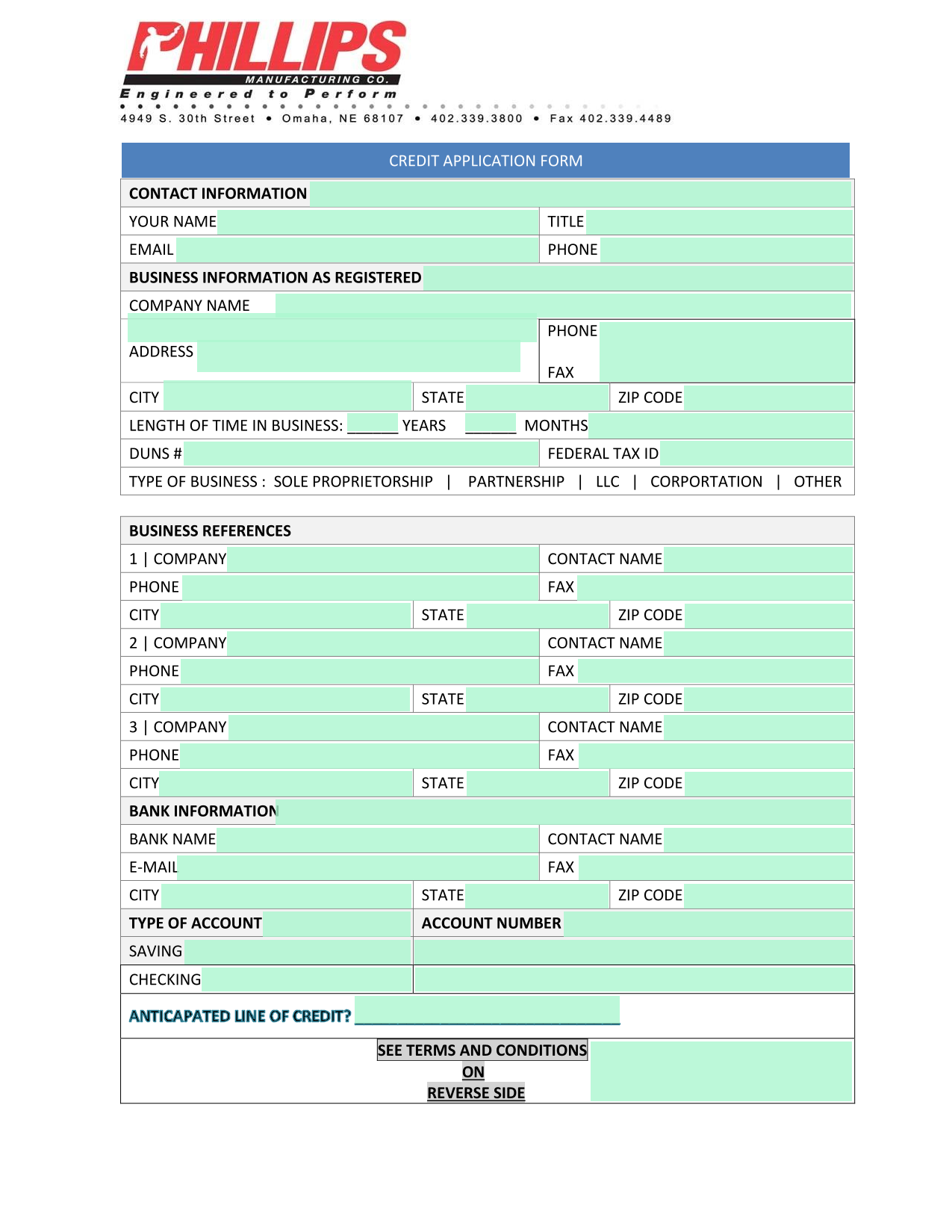 CREDIT APPLICATION FORM screenshot