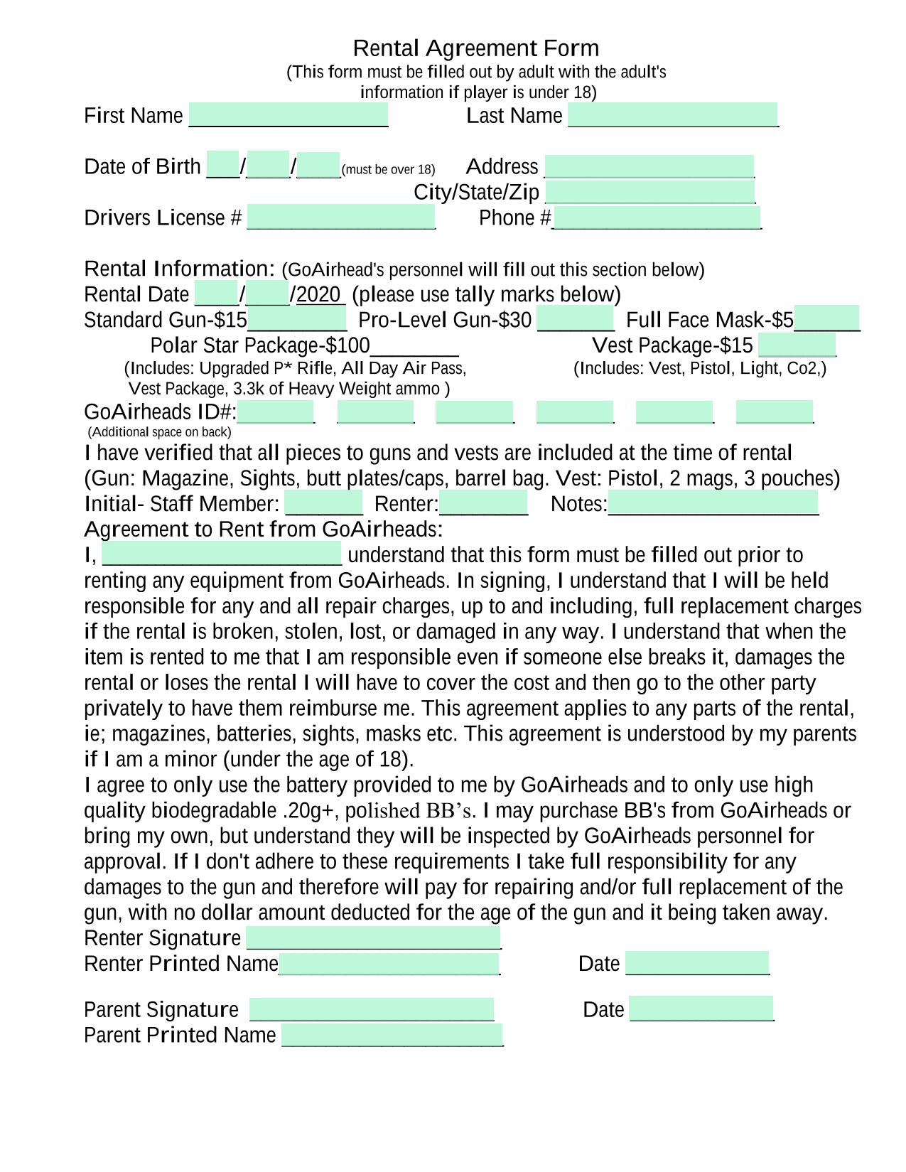 Rental Agreement Form screenshot