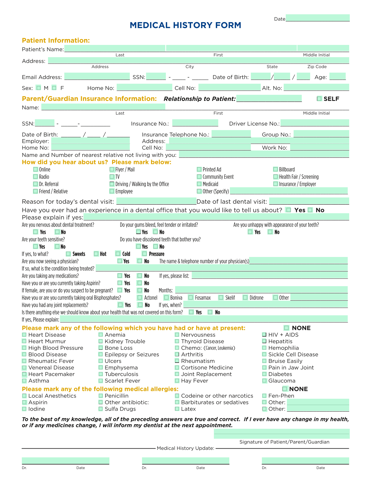 MEDICAL HISTORY FORM screenshot