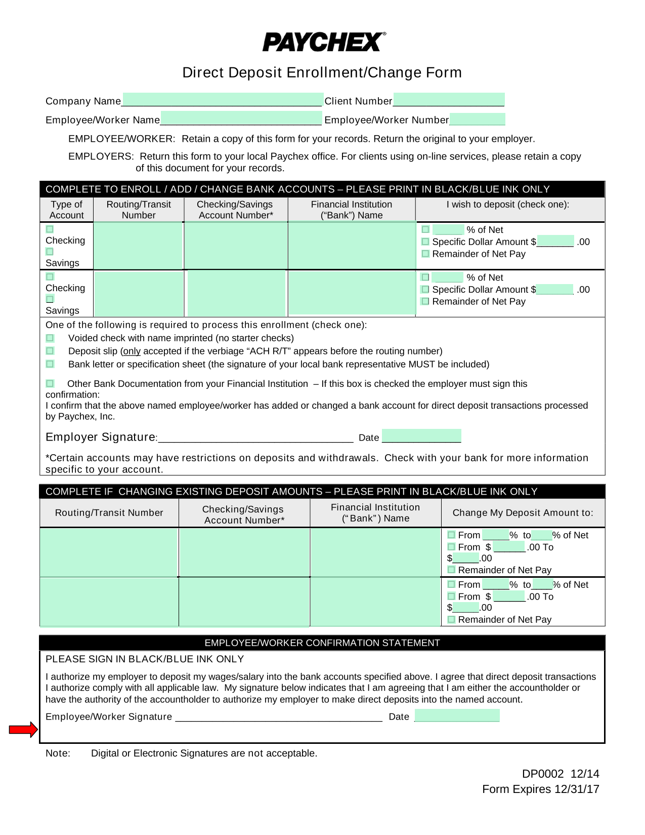 Direct Deposit EnrollmentChange Form screenshot