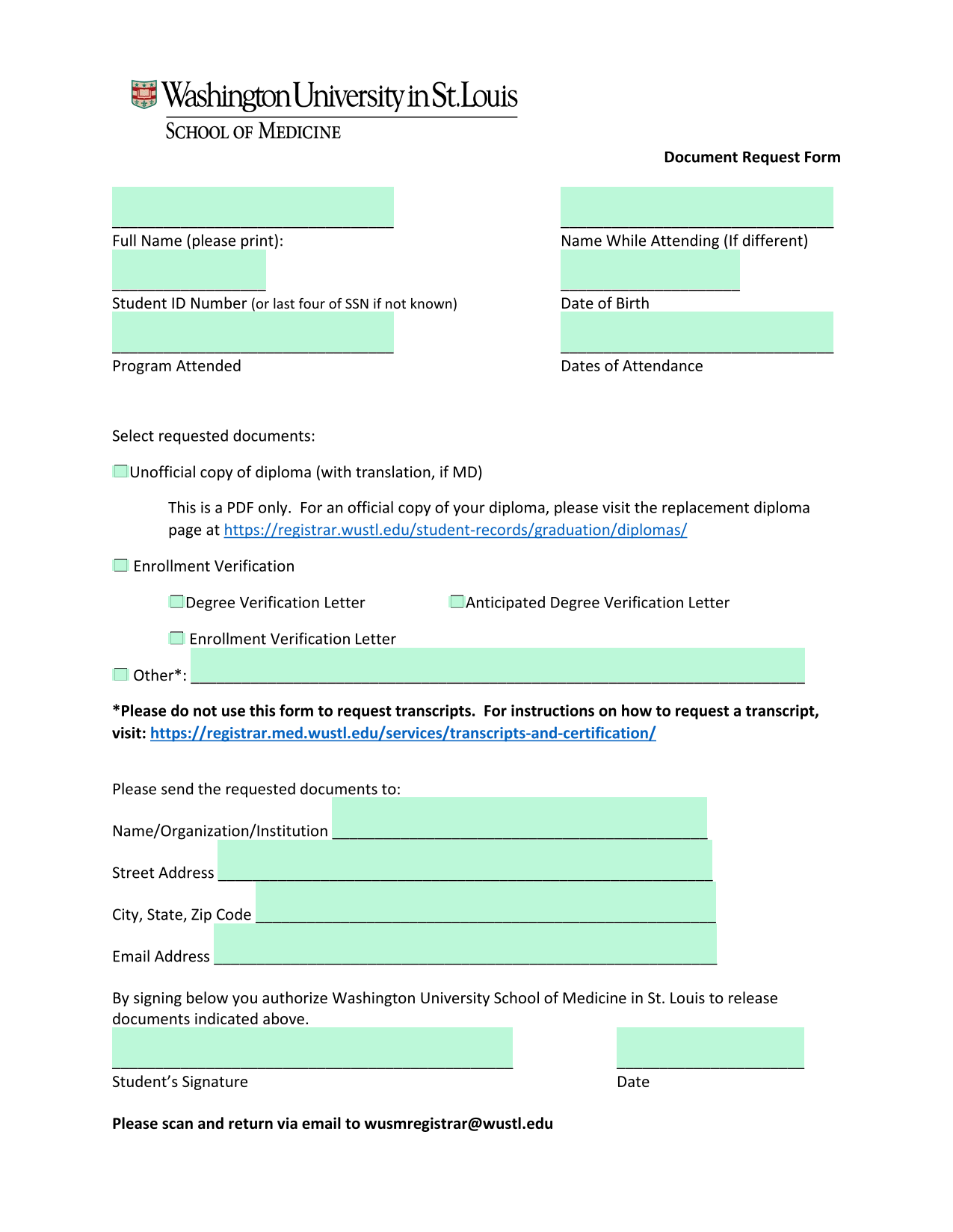 Document Request Form screenshot