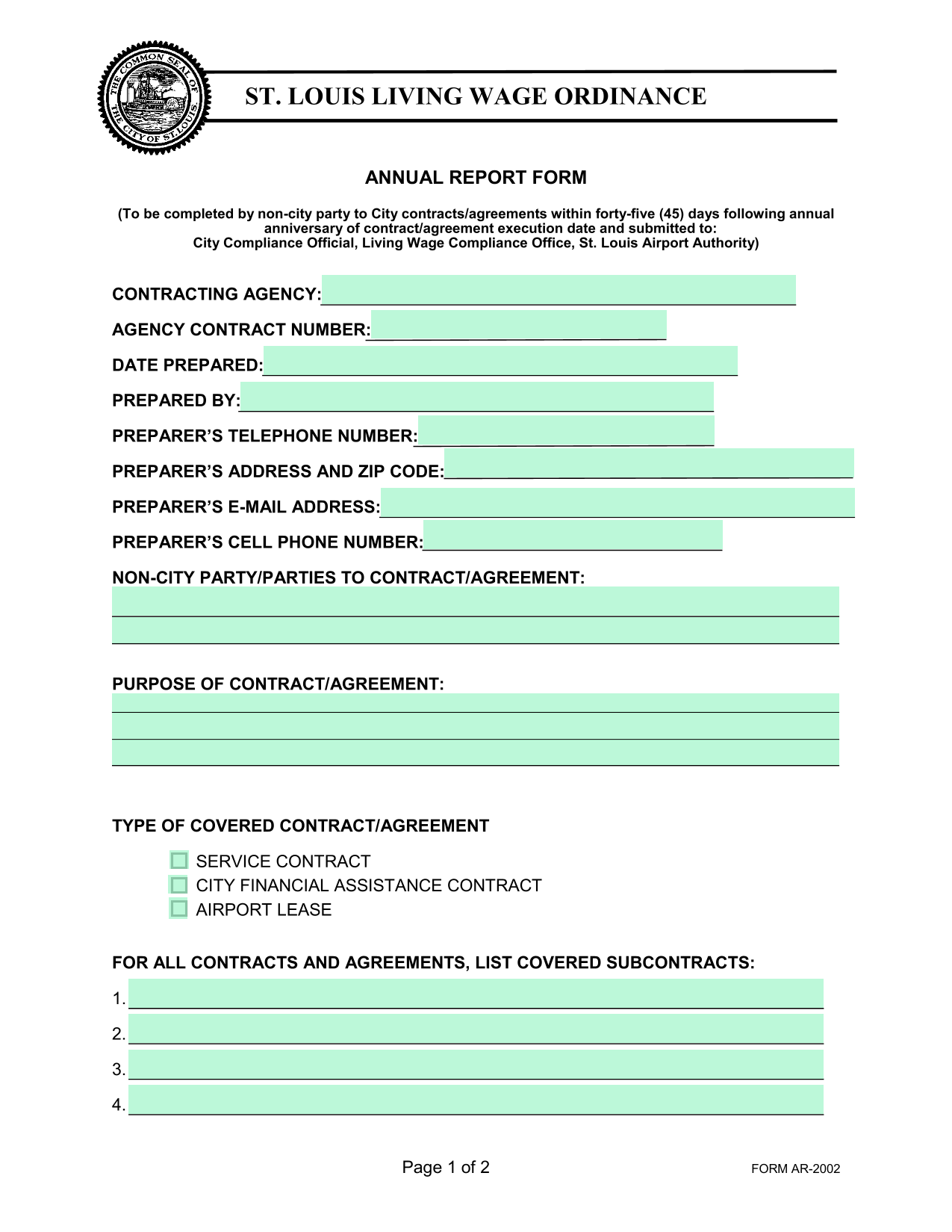 ST. LOUIS LIVING WAGE ORDINANCE ANNUAL REPORT FORM screenshot
