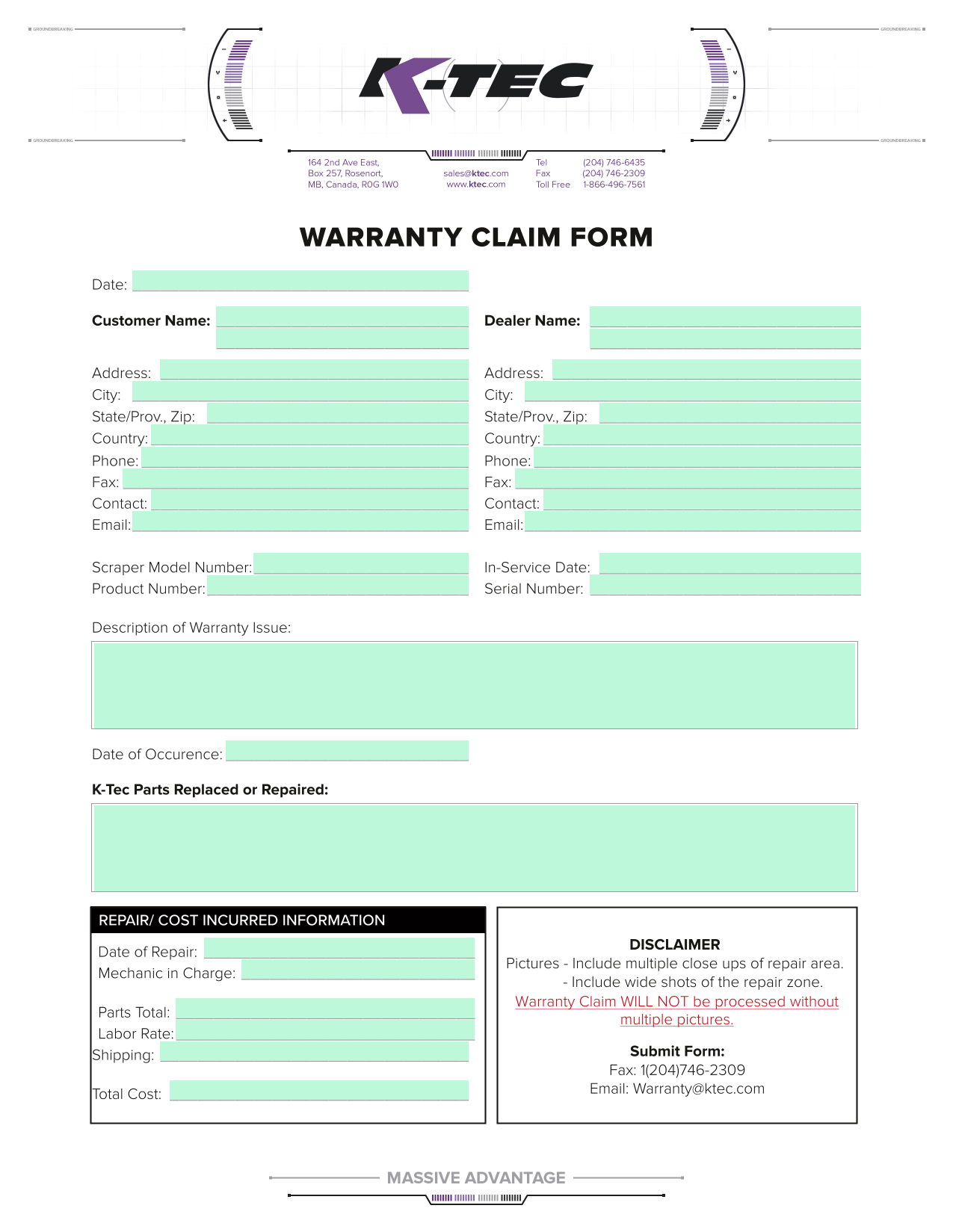 WARRANTY CLAIM FORM screenshot