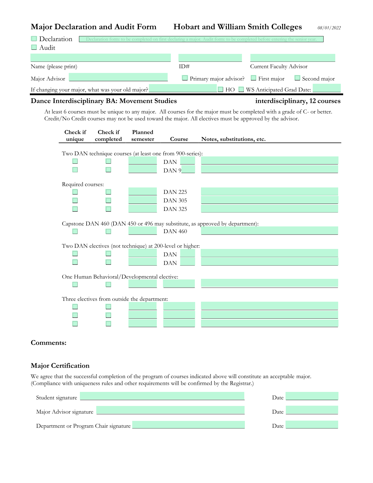 Major Declaration And Audit Form screenshot