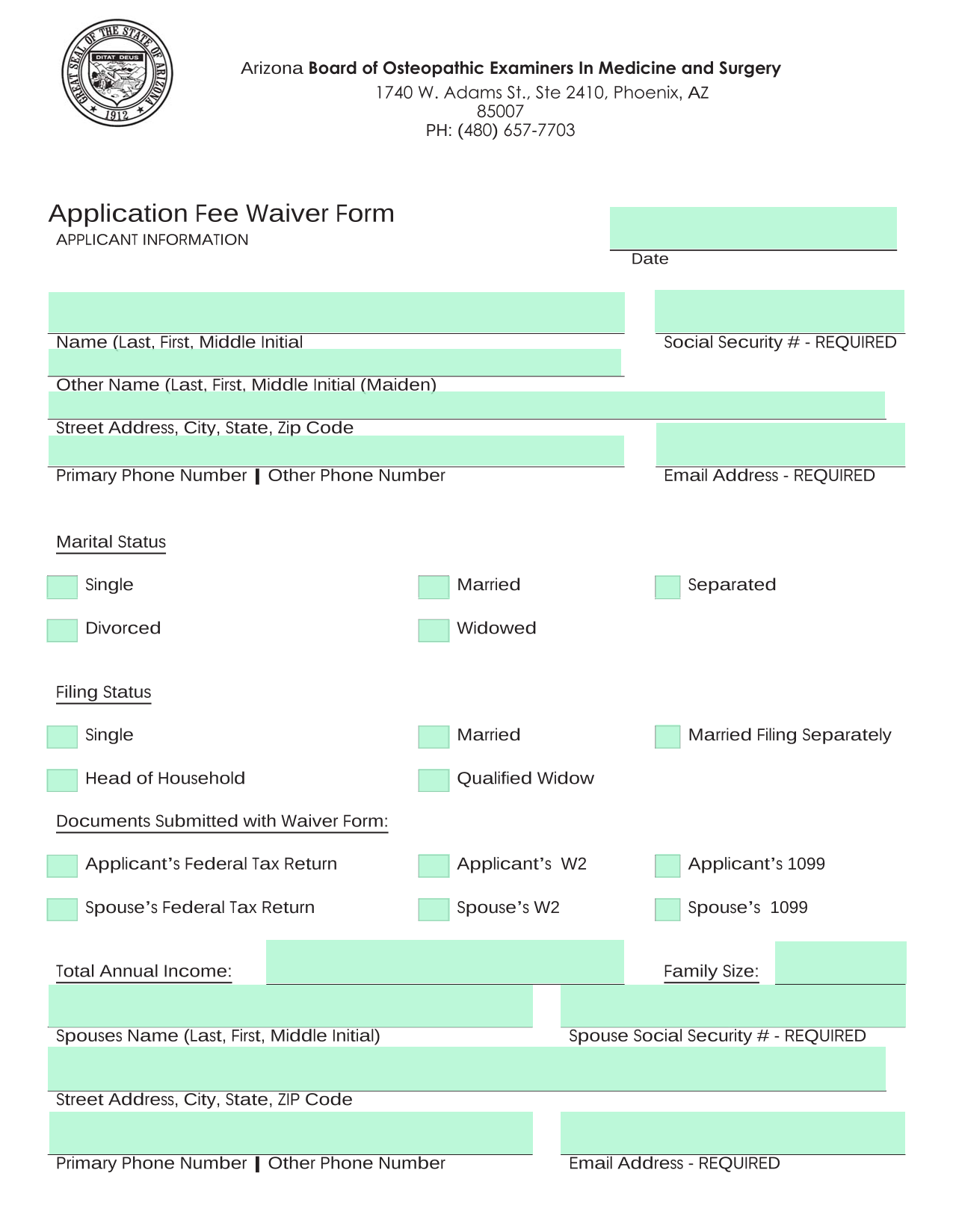 Application Fee Waiver Form screenshot