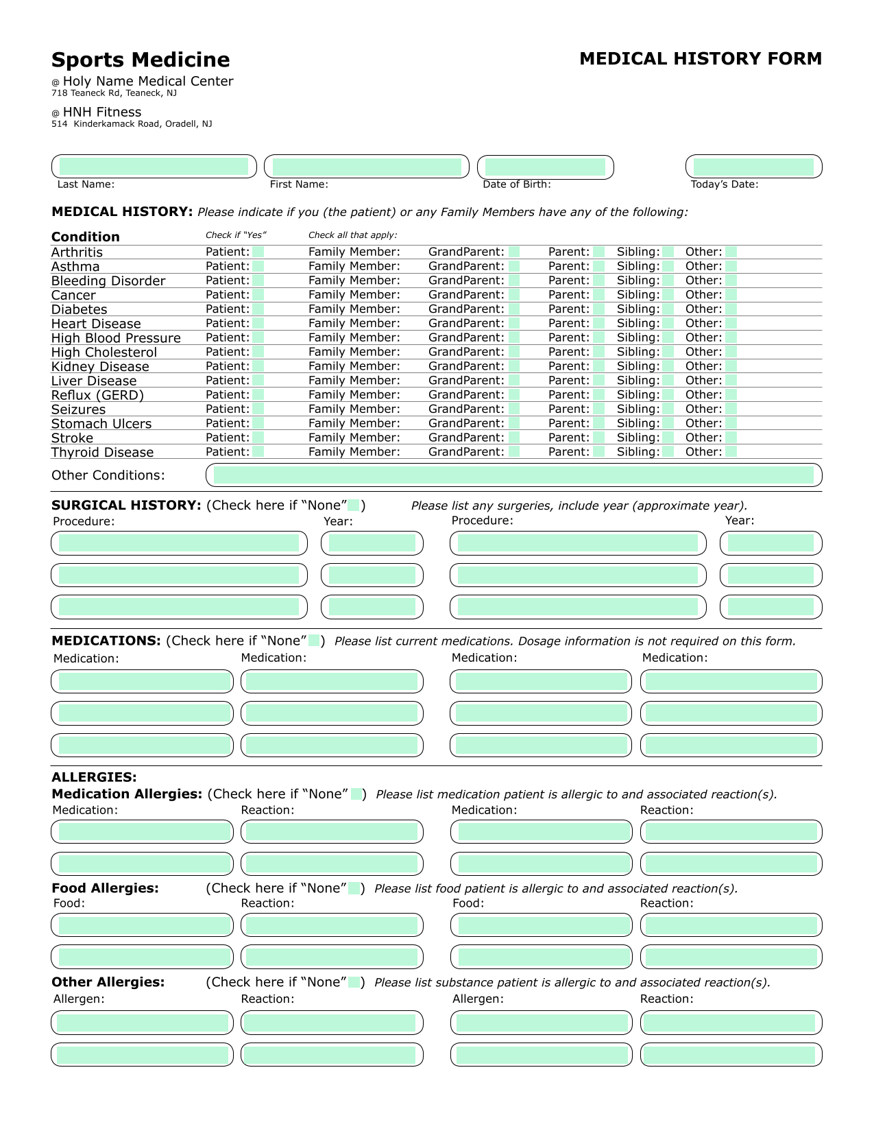 Medical History Form screenshot