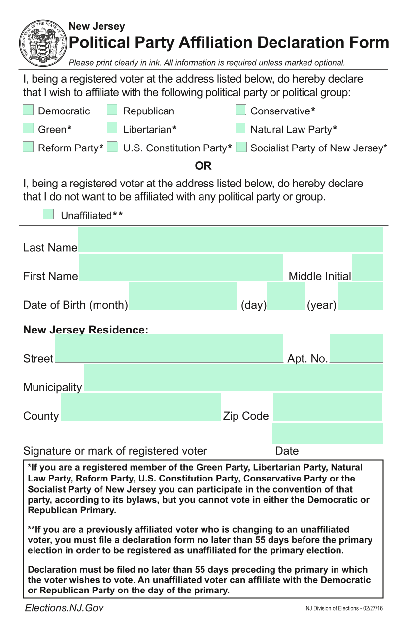 New Jersey Political Party Affiliation Declaration Form screenshot