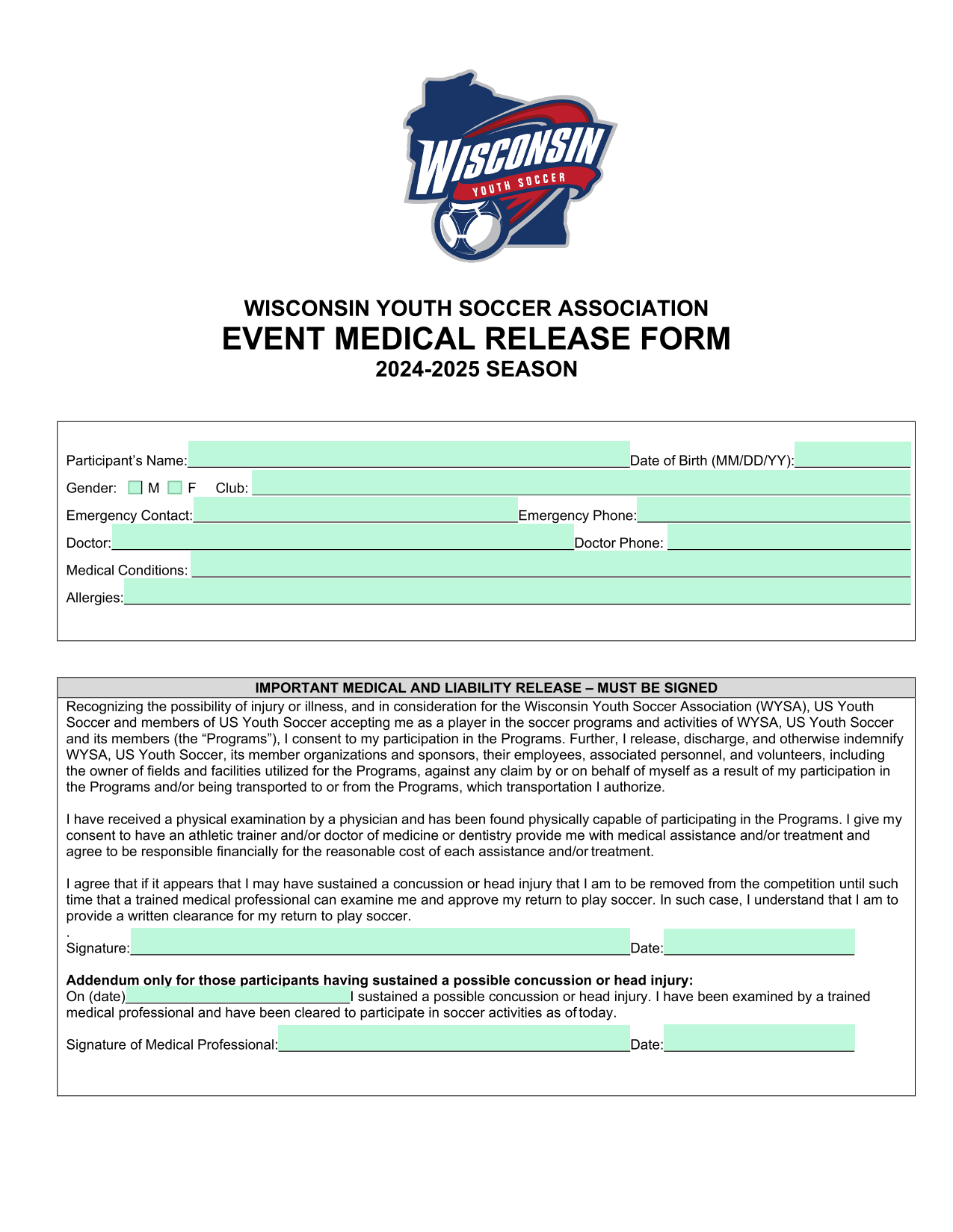 Wisconsin Youth Soccer Association Event Medical Release Form screenshot