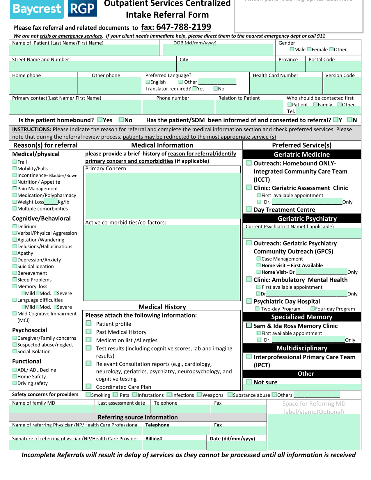 Patient Referral Form screenshot