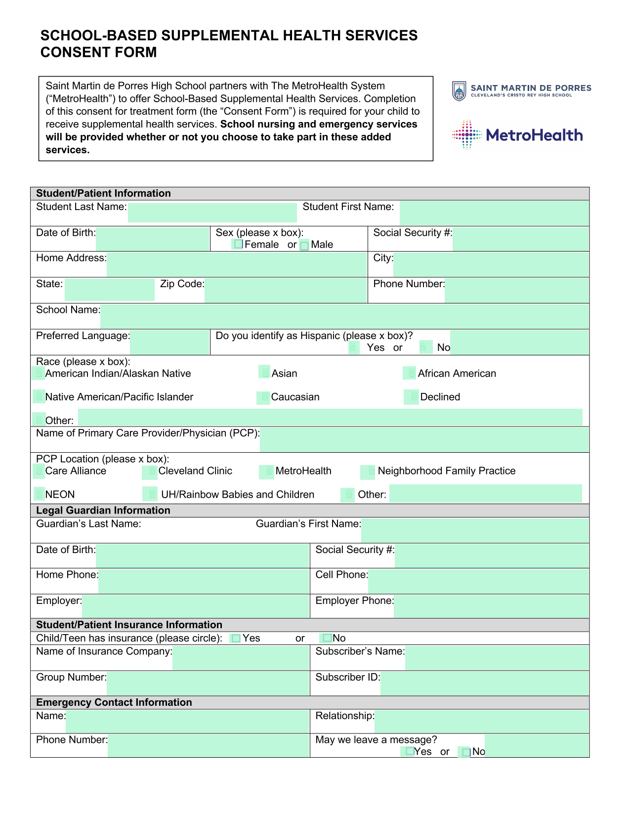School Based Supplemental Health Services Consent Form screenshot