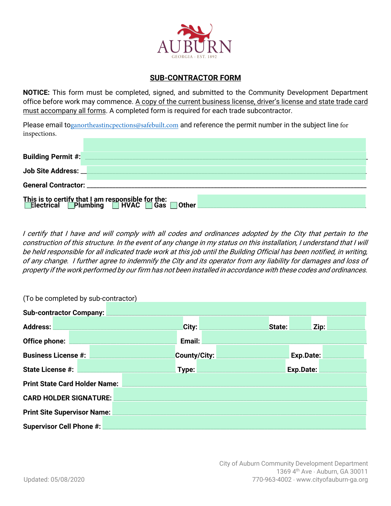 SUB CONTRACTOR FORM screenshot