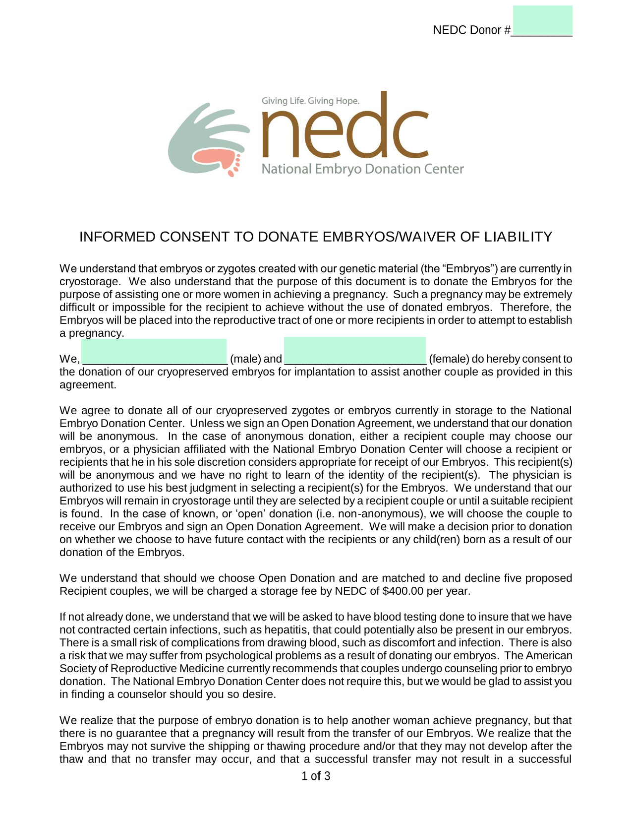 INFORMED CONSENT TO DONATE EMBRYOSWAIVER OF LIABILITY screenshot