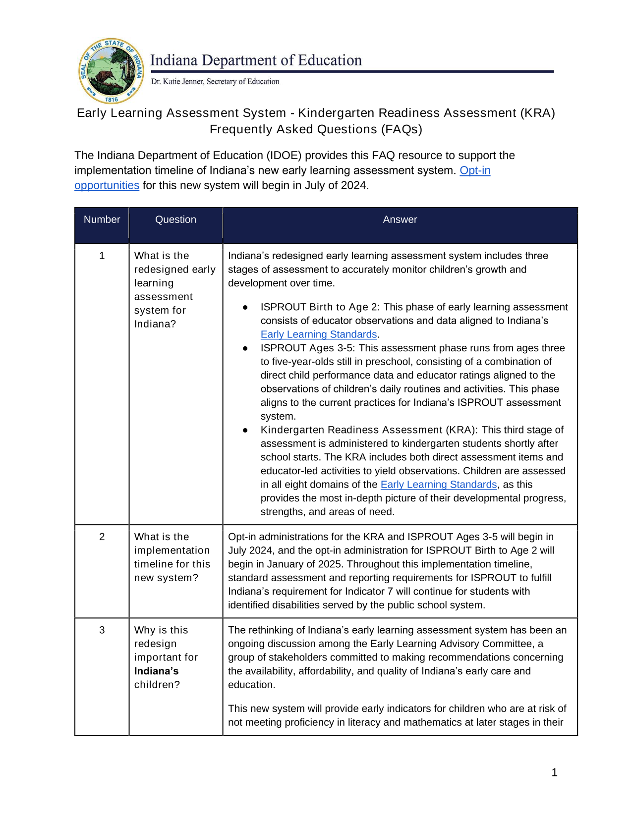Early Learning Assessment System   Kindergarten Readiness Assessment (KRA) Frequently Asked Question screenshot