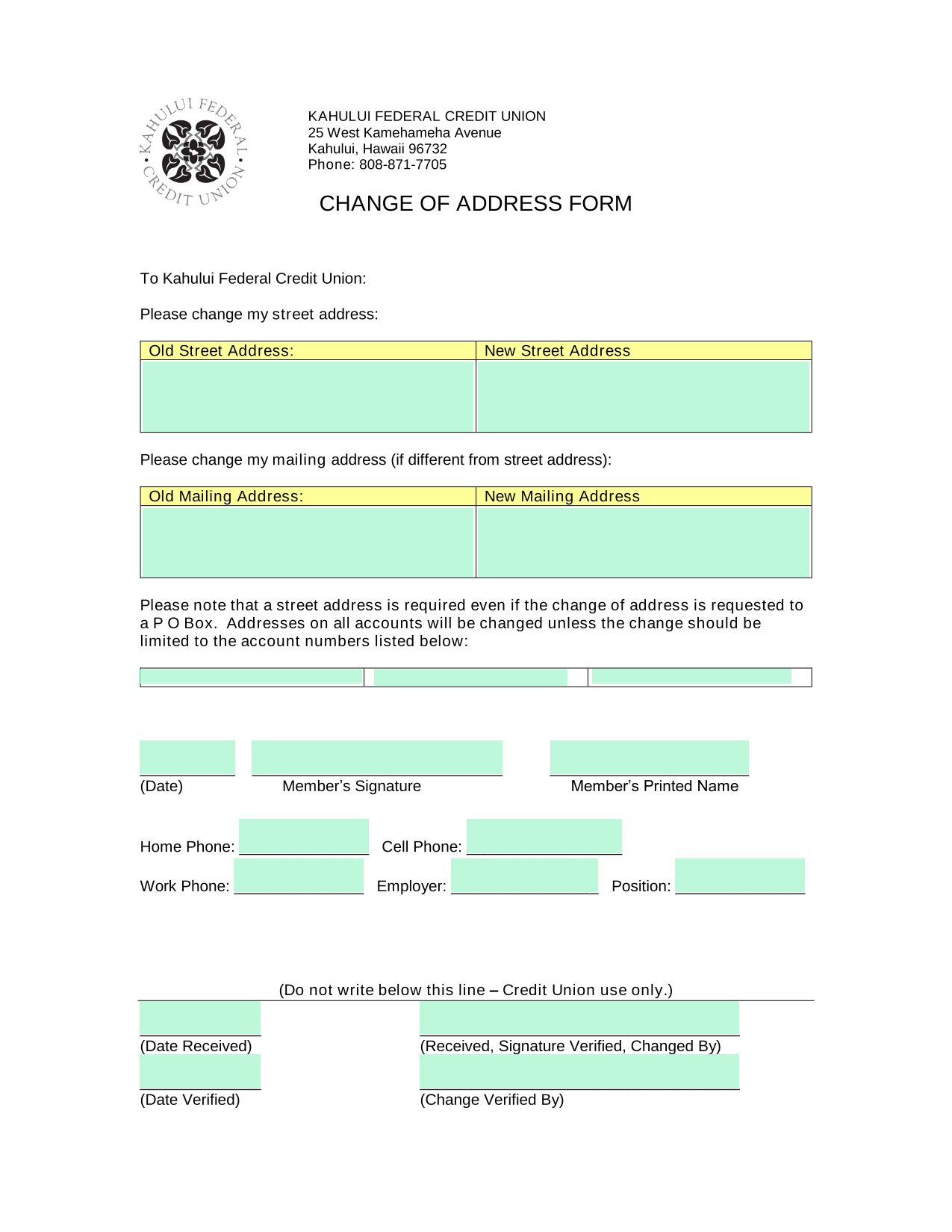Change Of Address Form screenshot