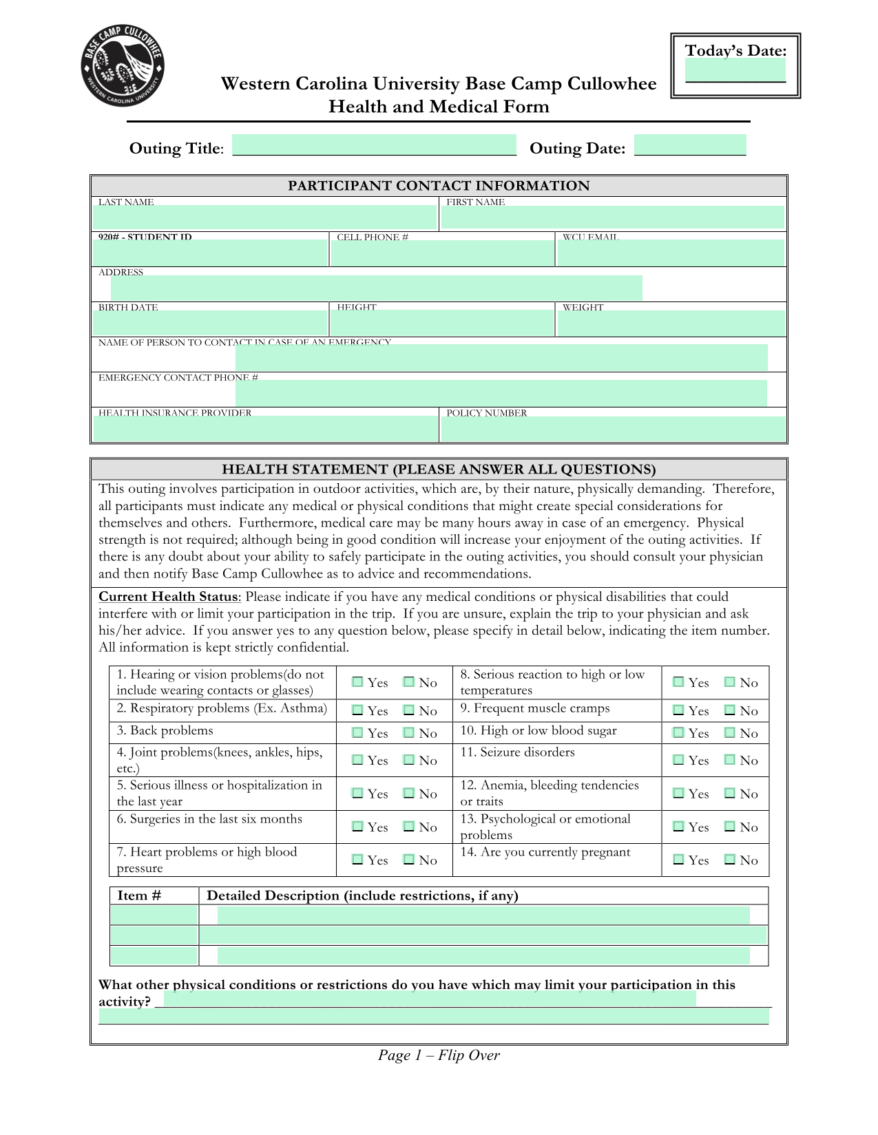 Western Carolina University Base Camp Cullowhee Health And Medical Form screenshot