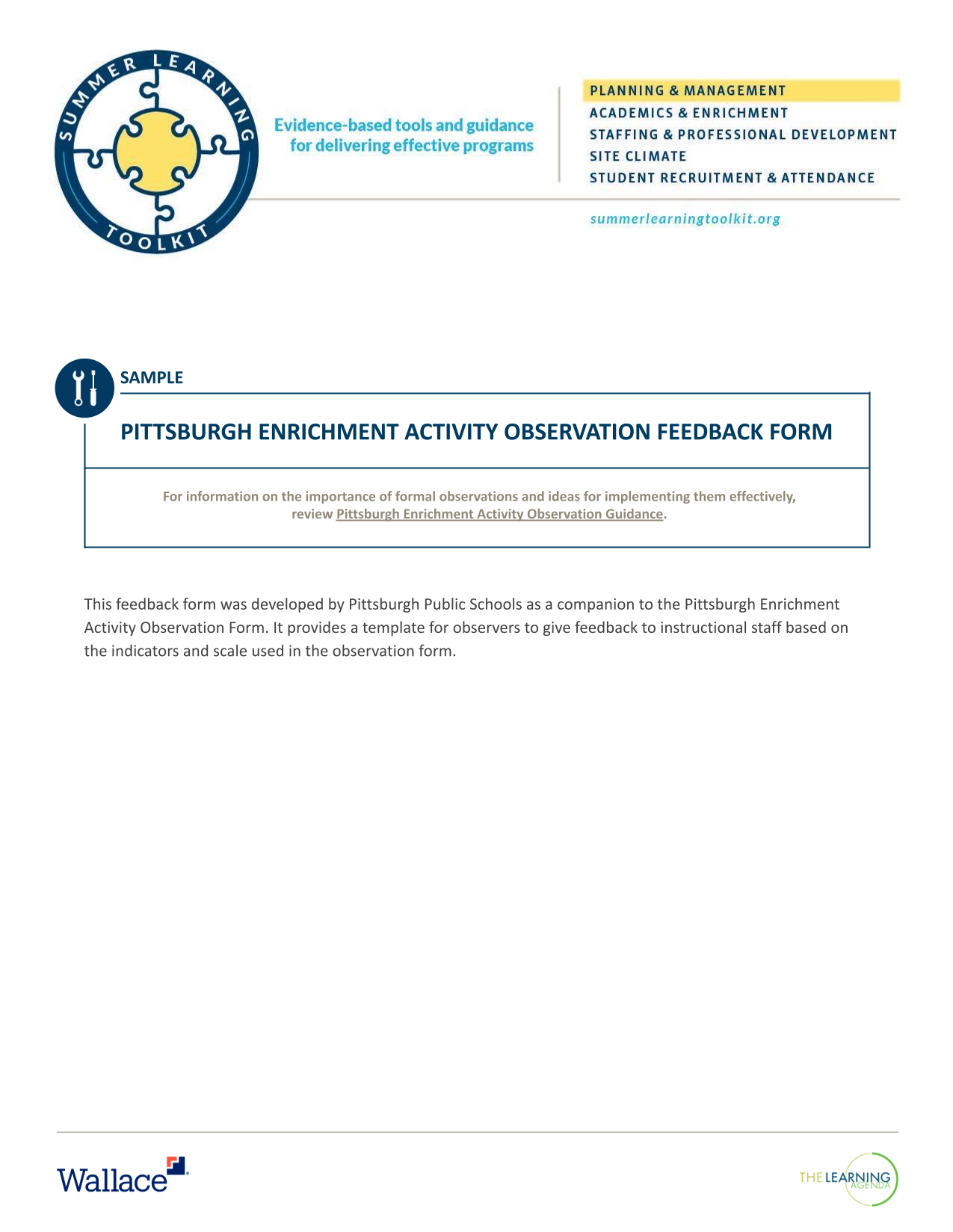 Pittsburgh Enrichment Activity Observation Feedback Form screenshot