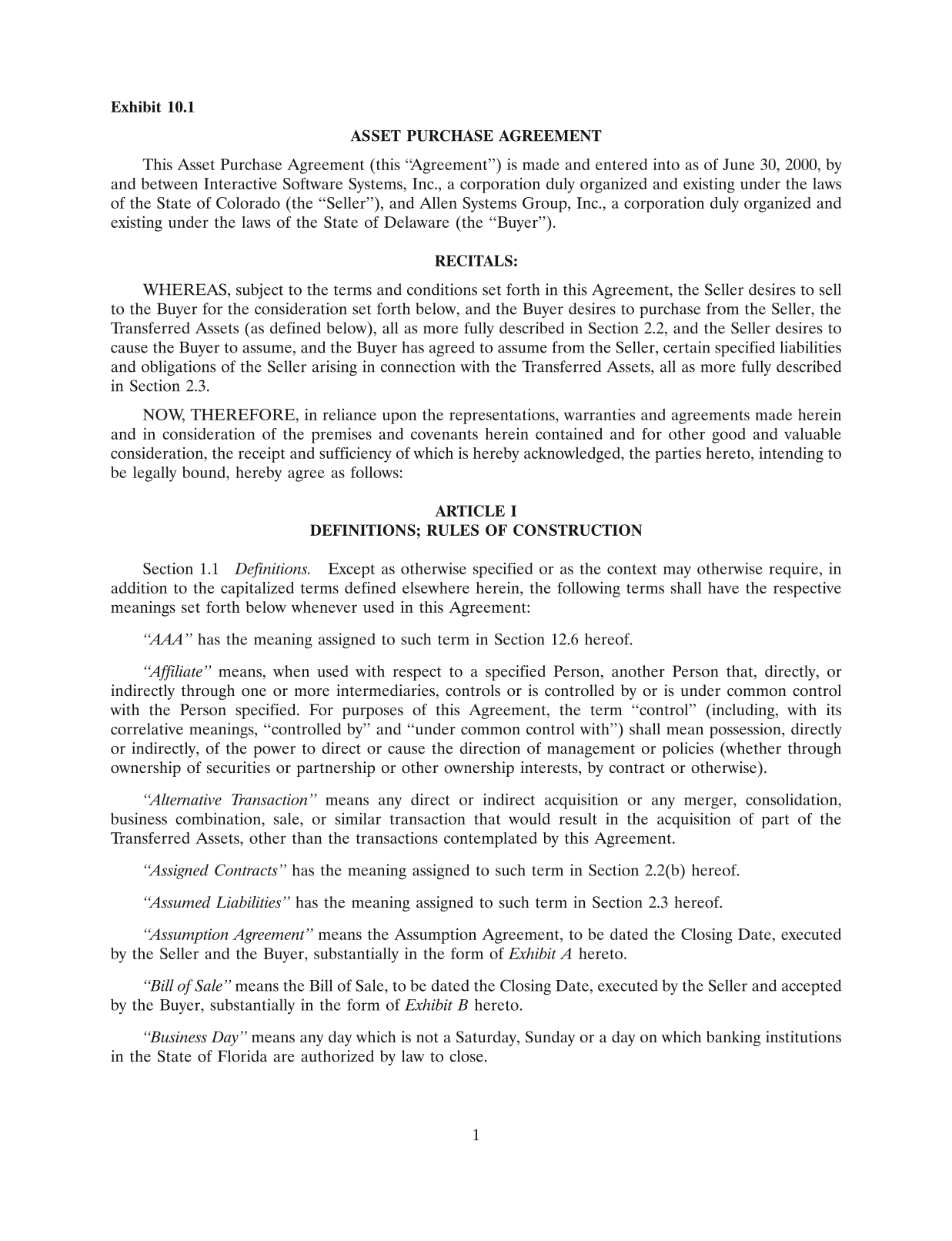 Asset Purchase Agreement screenshot