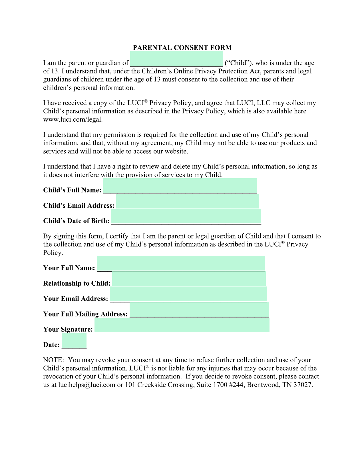 Parental Consent Form screenshot