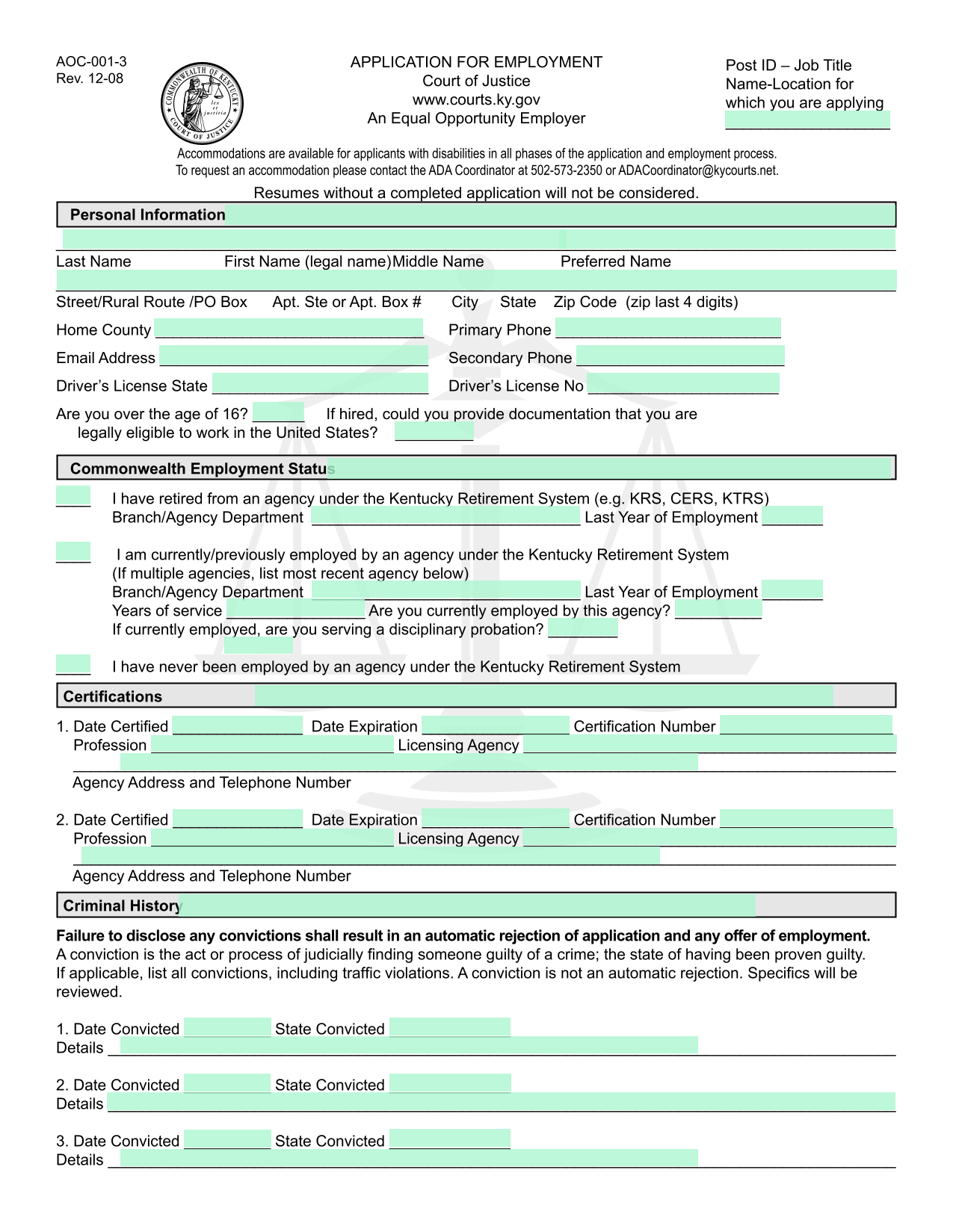 APPLICATION FOR EMPLOYMENT screenshot