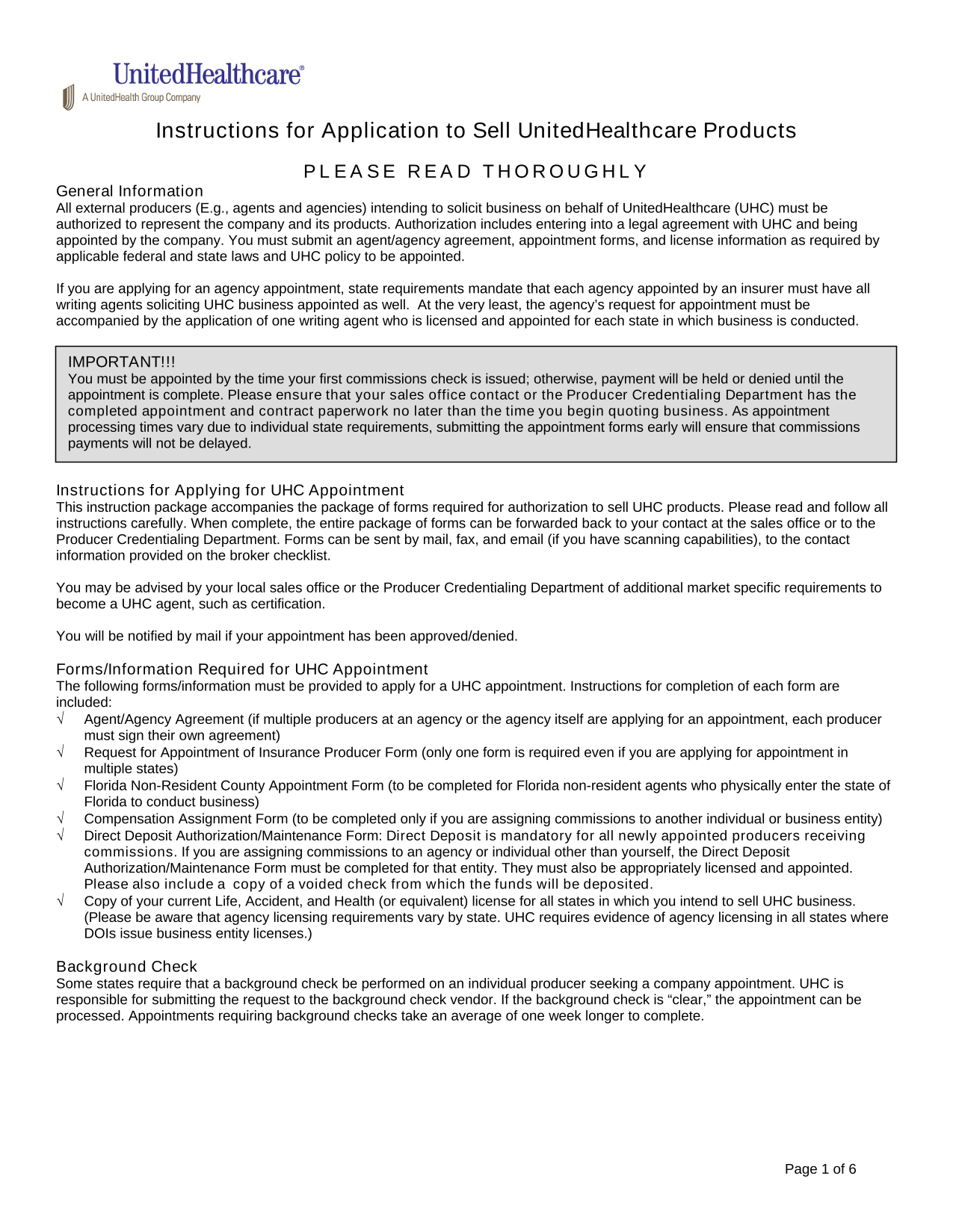 Instructions For Application To Sell UnitedHealthcare Products screenshot