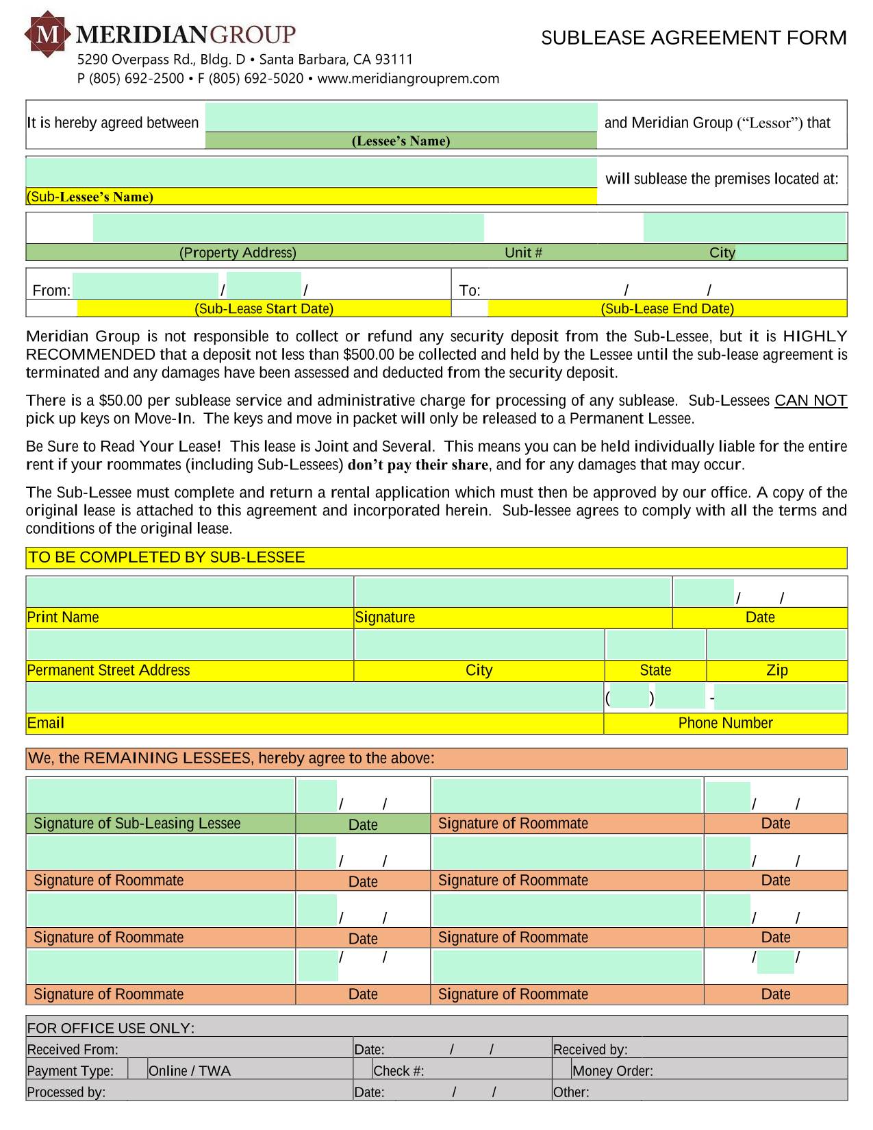 SUBLEASE AGREEMENT FORM screenshot