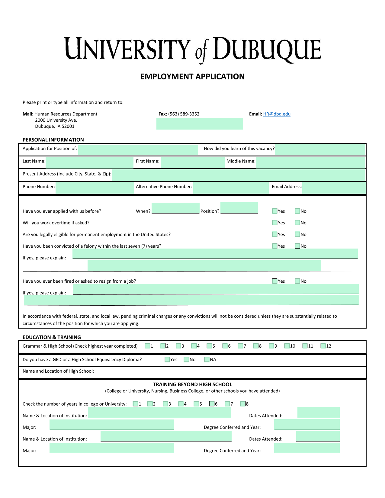 EMPLOYMENT APPLICATION screenshot