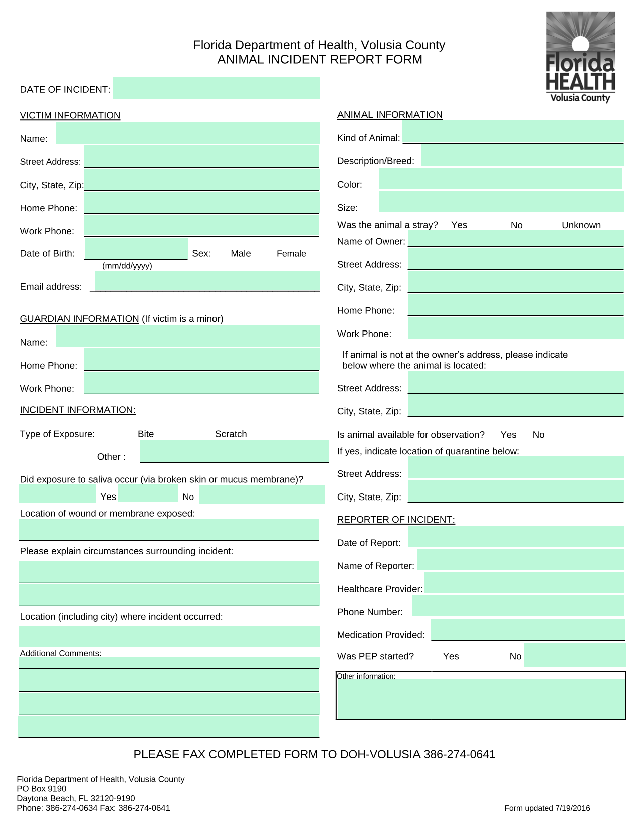 Animal Incident Report Form screenshot