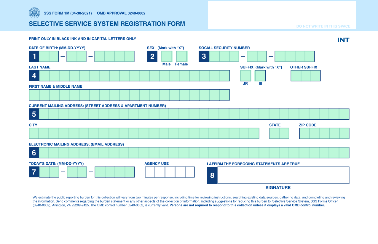 Selective Service System Registration Form screenshot