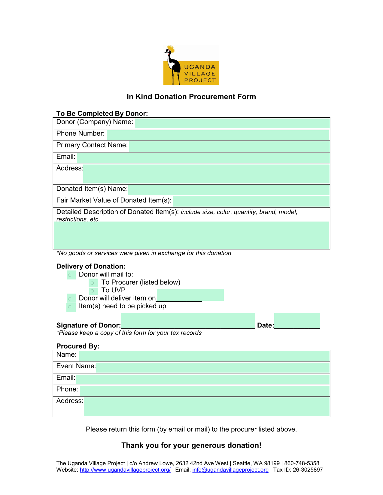In Kind Donation Procurement Form screenshot