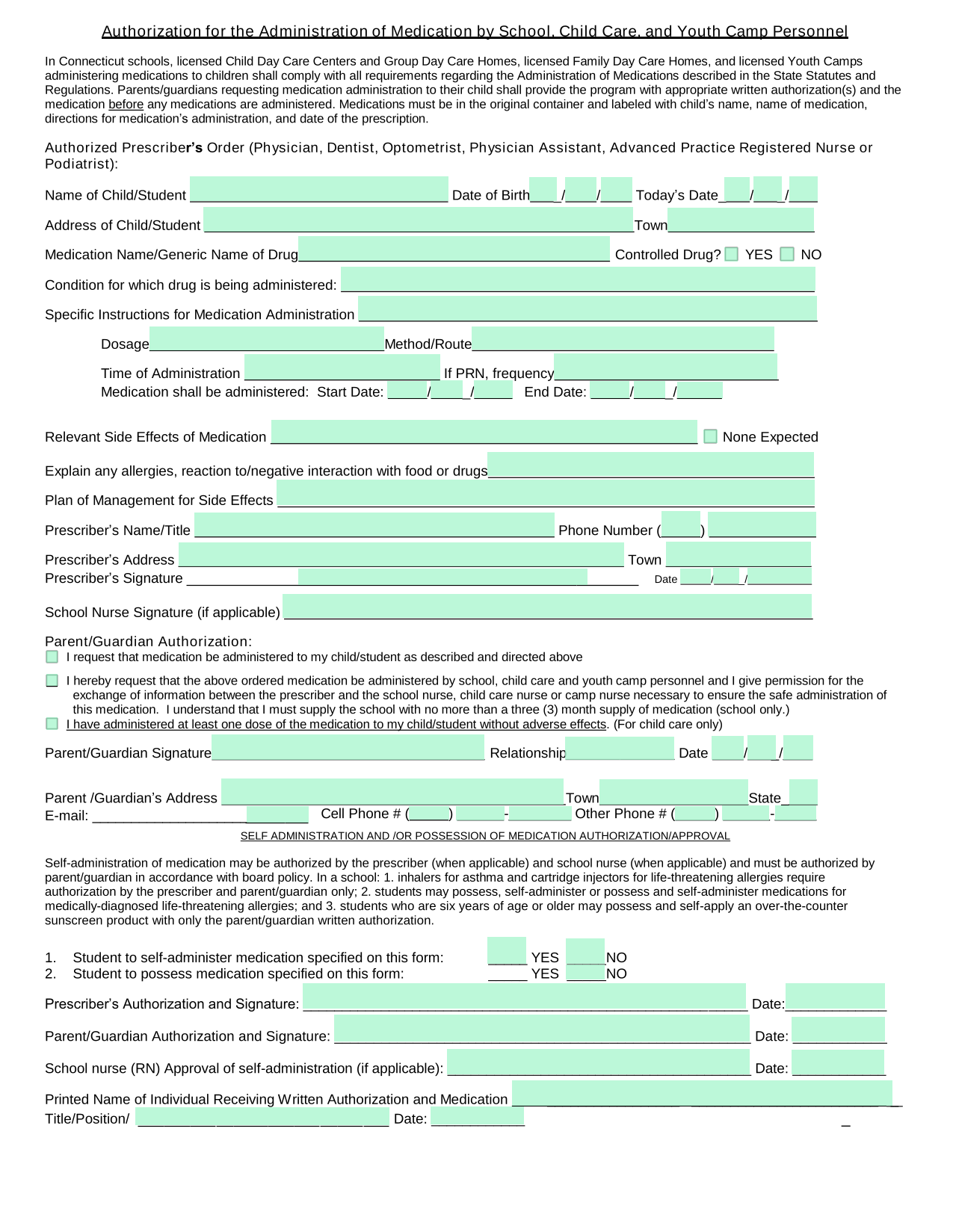 Authorization For The Administration Of Medication By School, Child Care, And Youth Camp Personnel screenshot