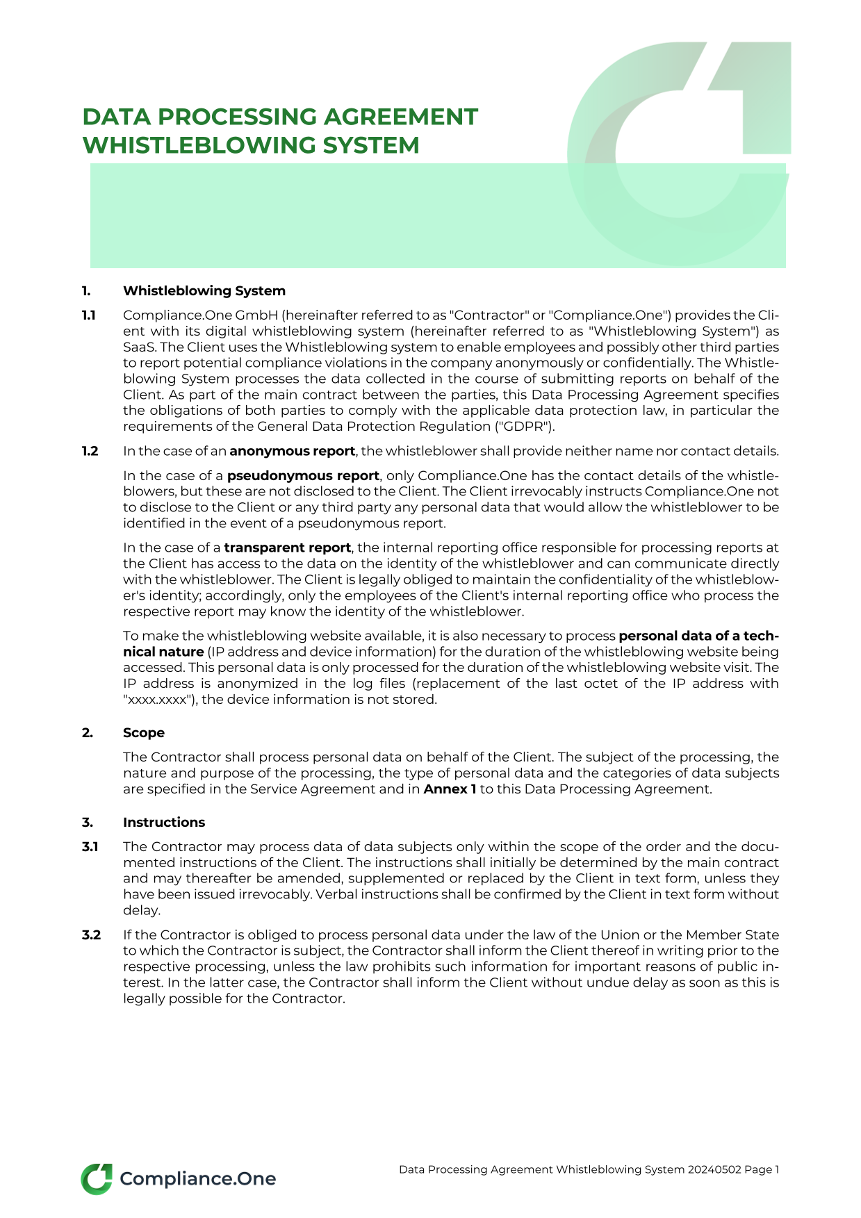 Data Processing Agreement Whistleblowing System screenshot