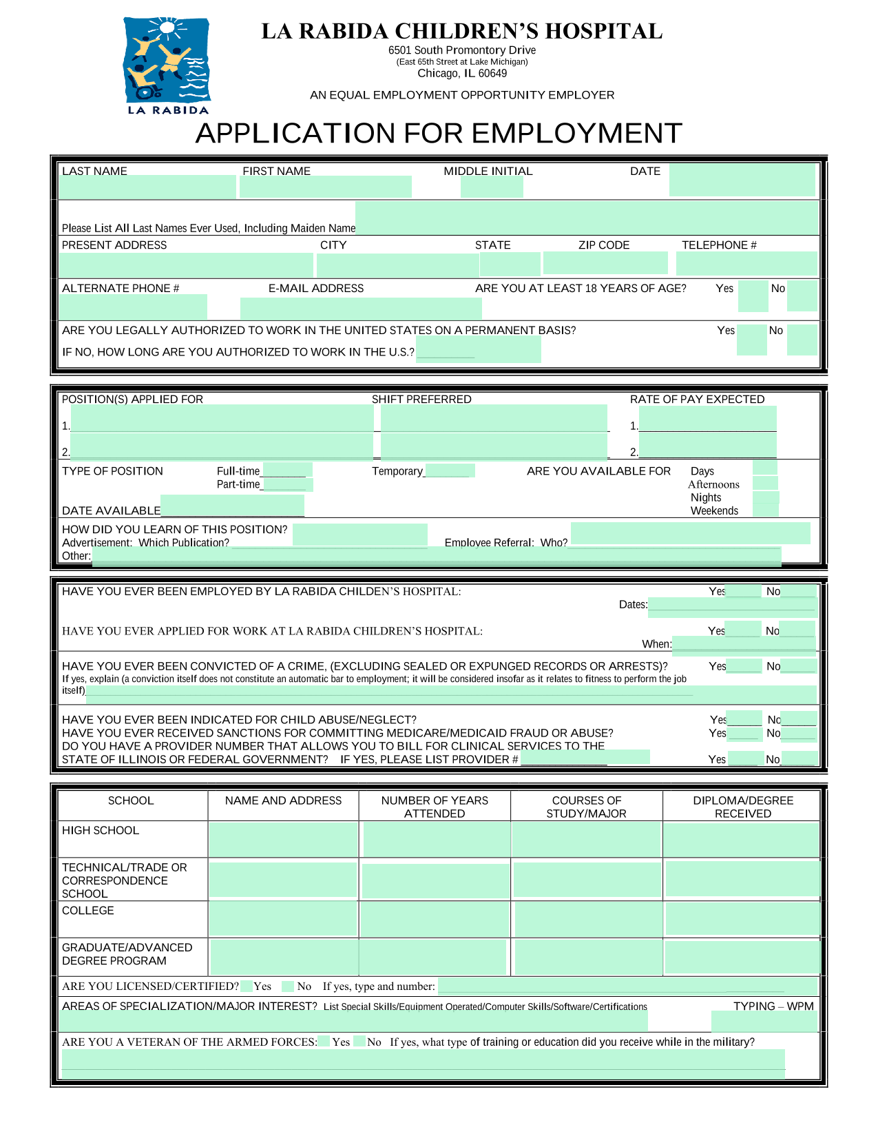 APPLICATION FOR EMPLOYMENT screenshot