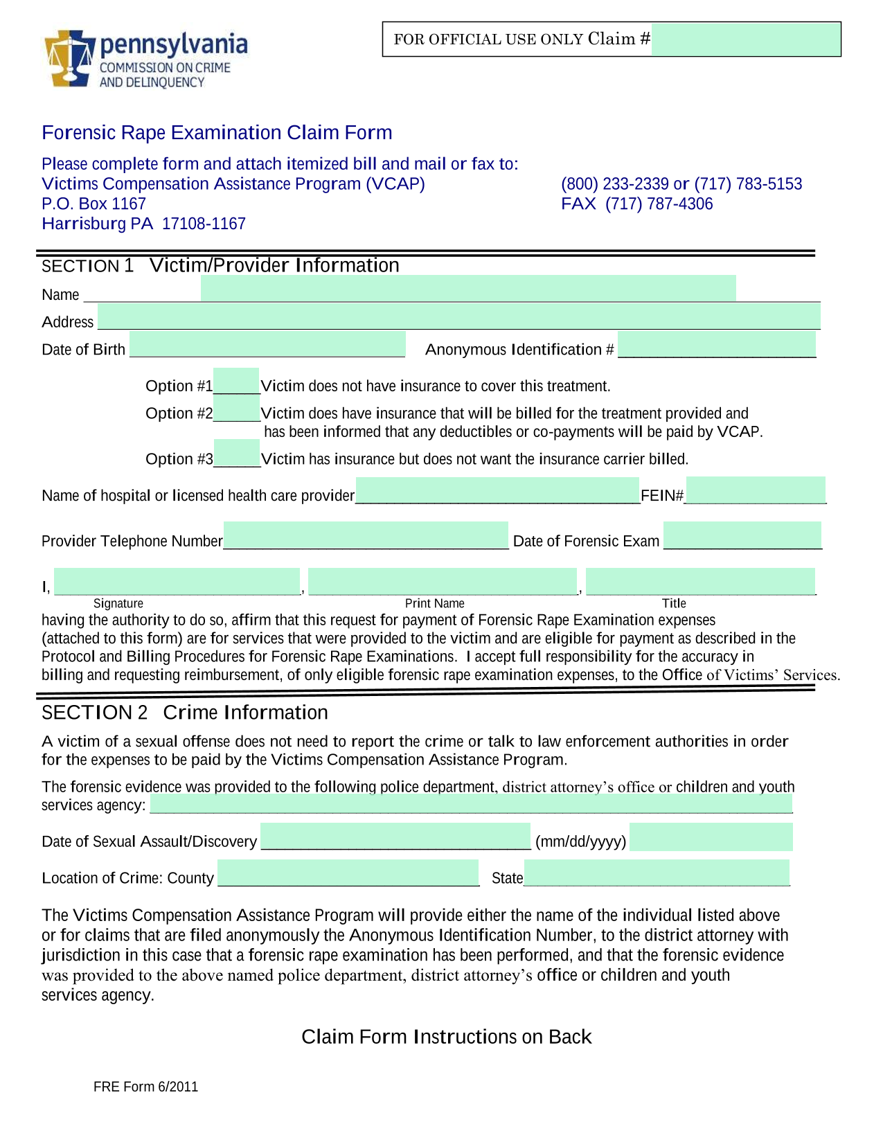 Forensic Rape Examination Claim Form screenshot