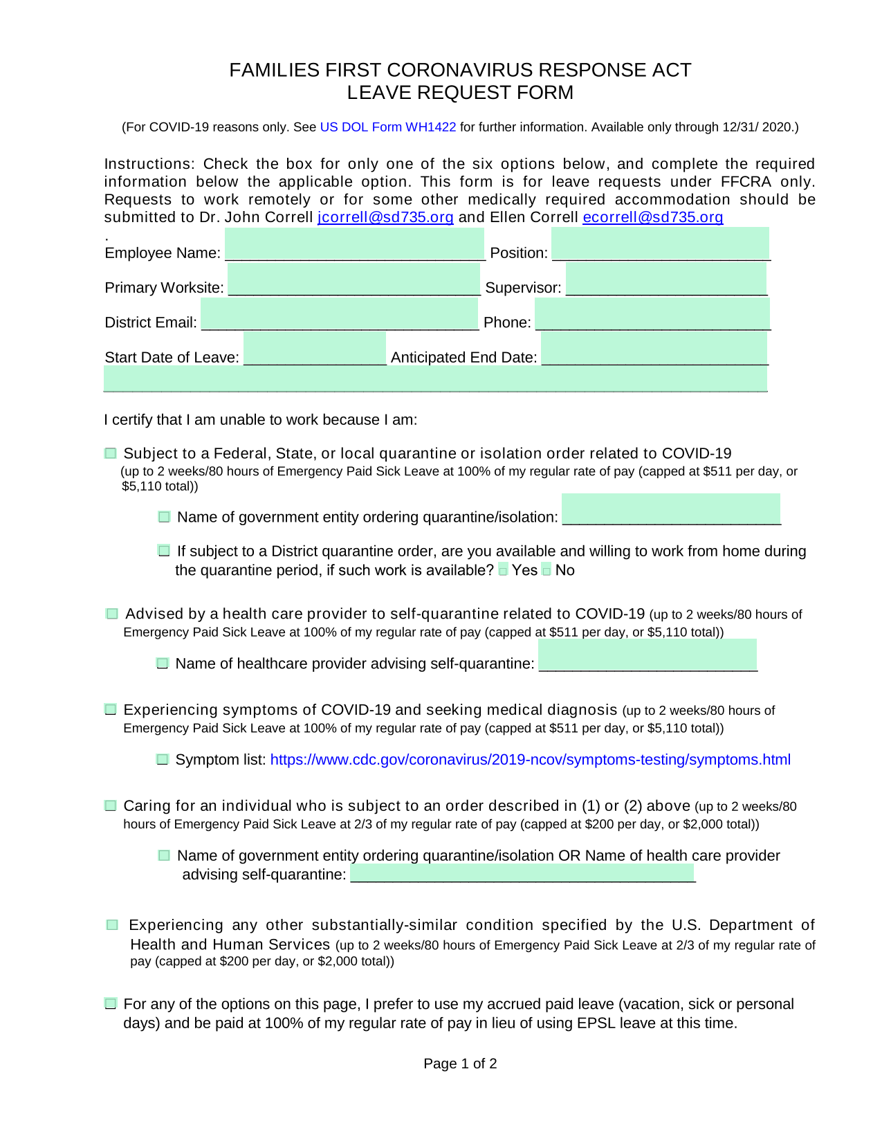 FAMILIES FIRST CORONAVIRUS RESPONSE ACT LEAVE REQUEST FORM screenshot