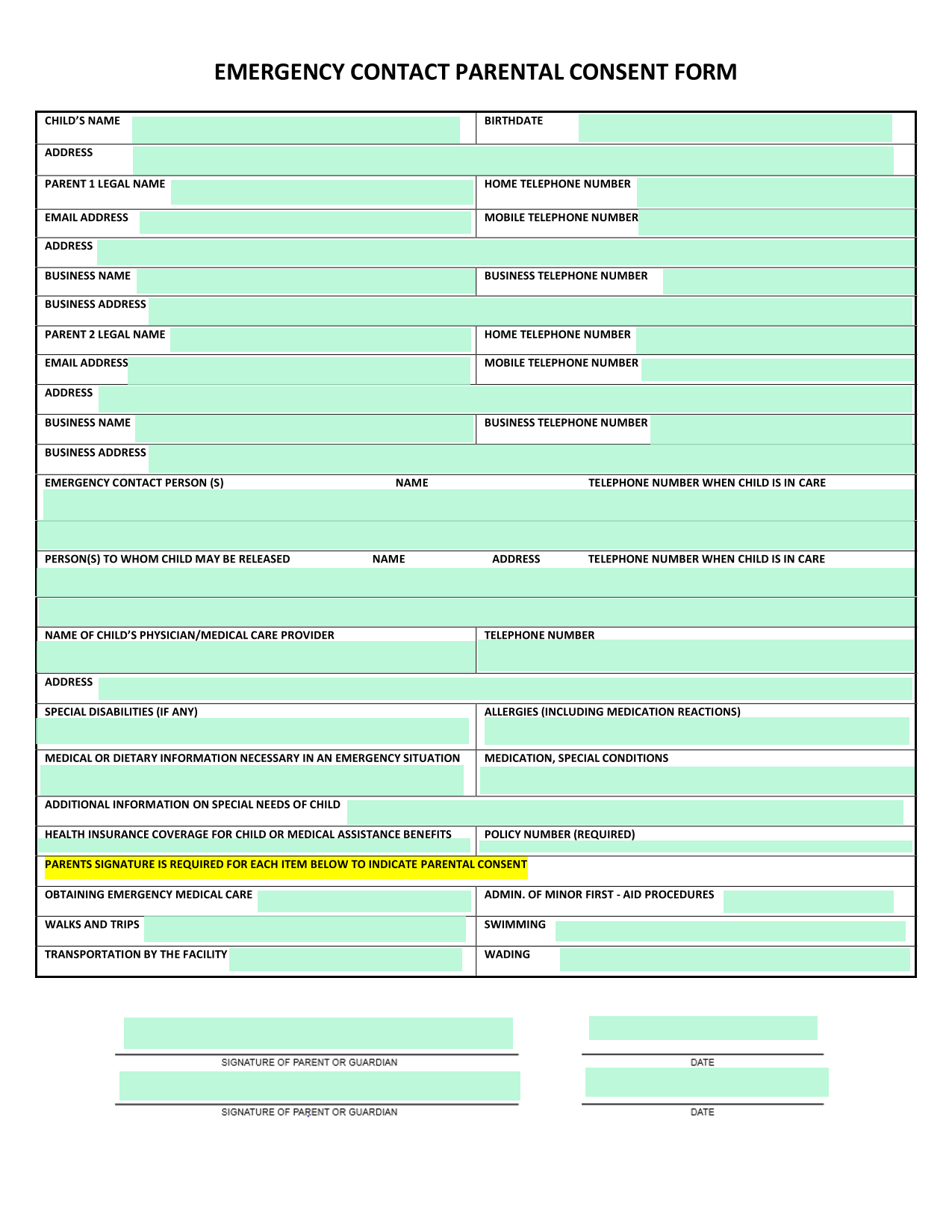 Emergency Contact Parental Consent Form screenshot