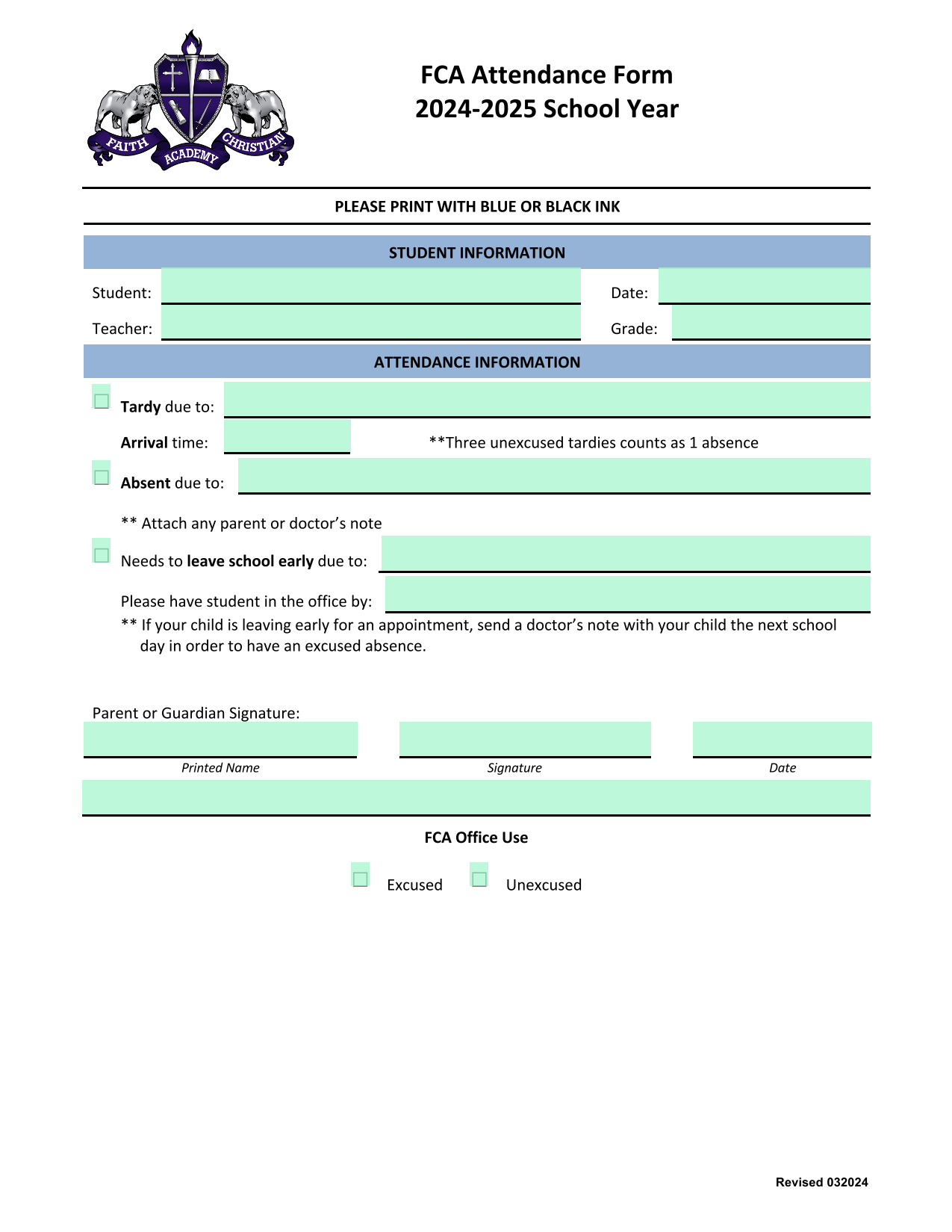 FCA Attendance Form screenshot