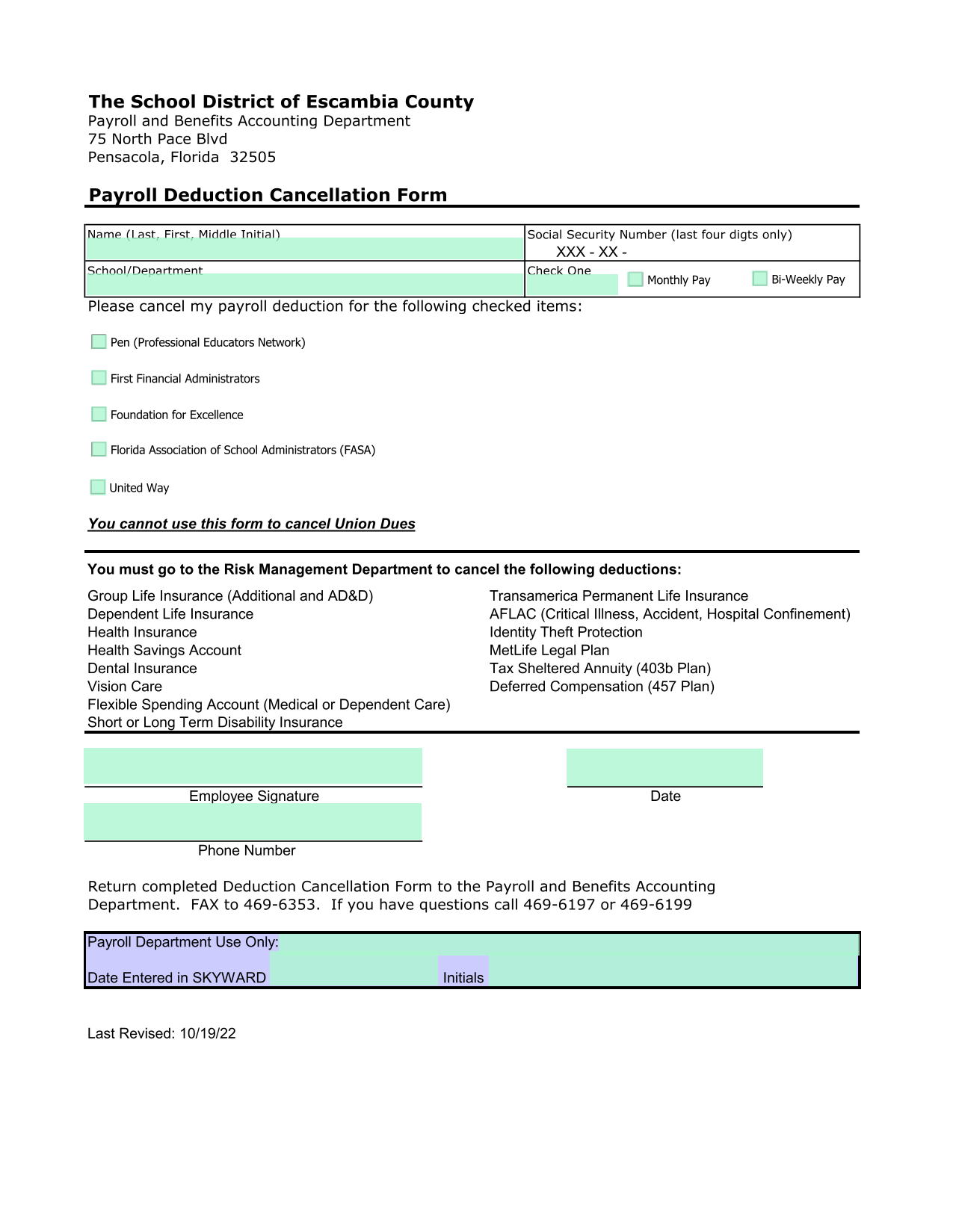 Payroll Deduction Cancellation Form screenshot